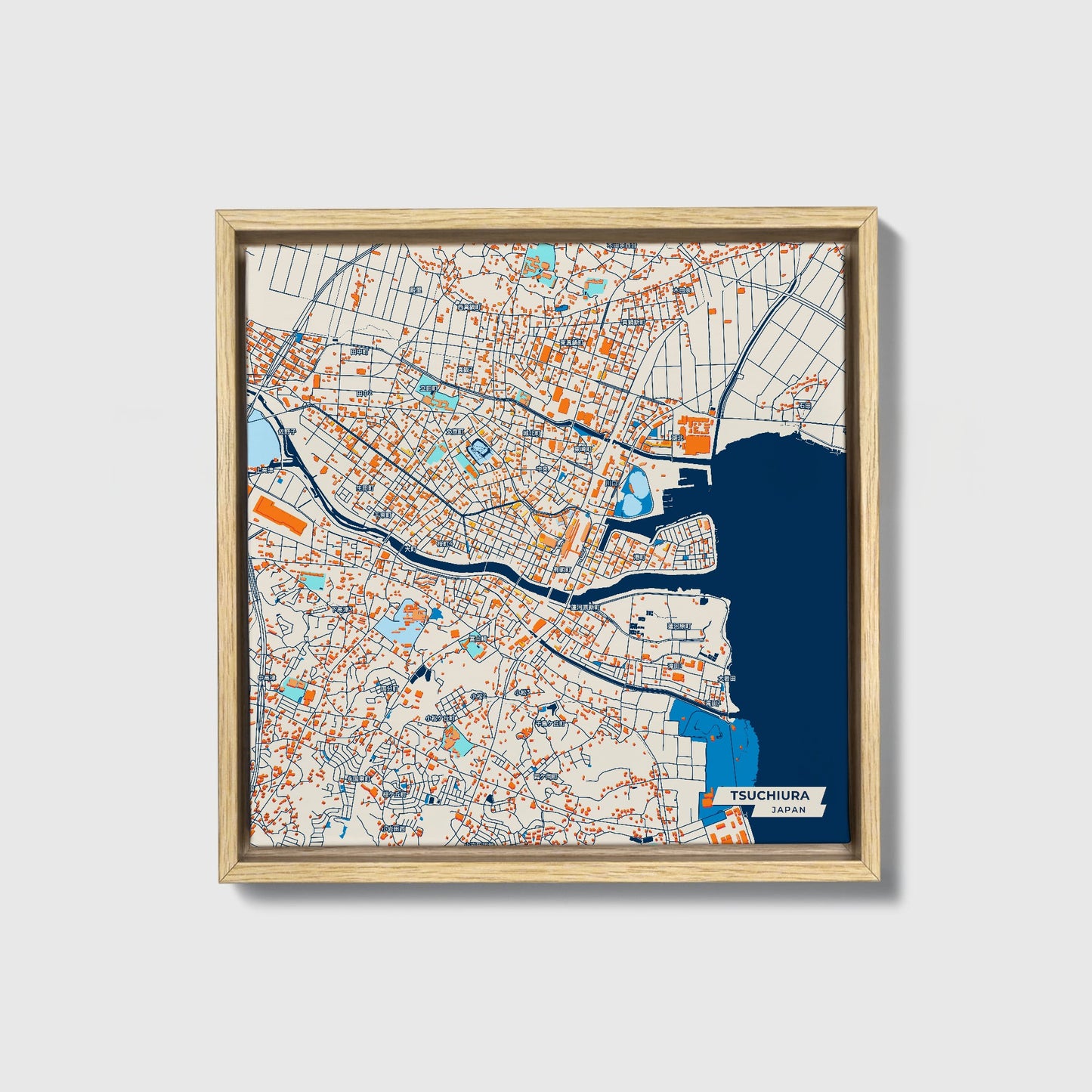 Tsuchiura Japan Colorful City Map Canvas Print • Natural Wooden Framed