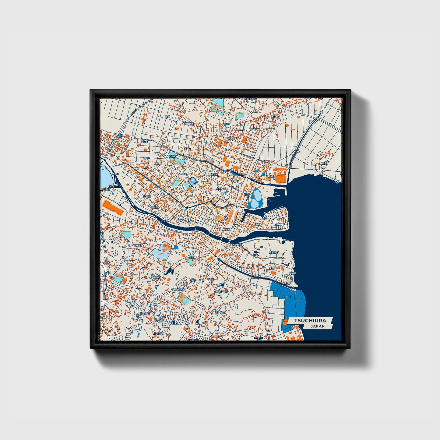 Tsuchiura Japan Colorful City Map Canvas Print • Black Framed