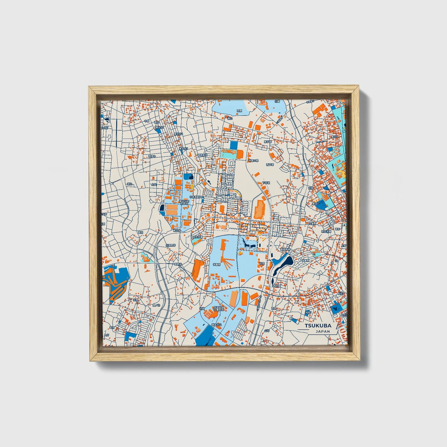 Tsukuba Japan Colorful City Map Canvas Print • Natural Wooden Framed