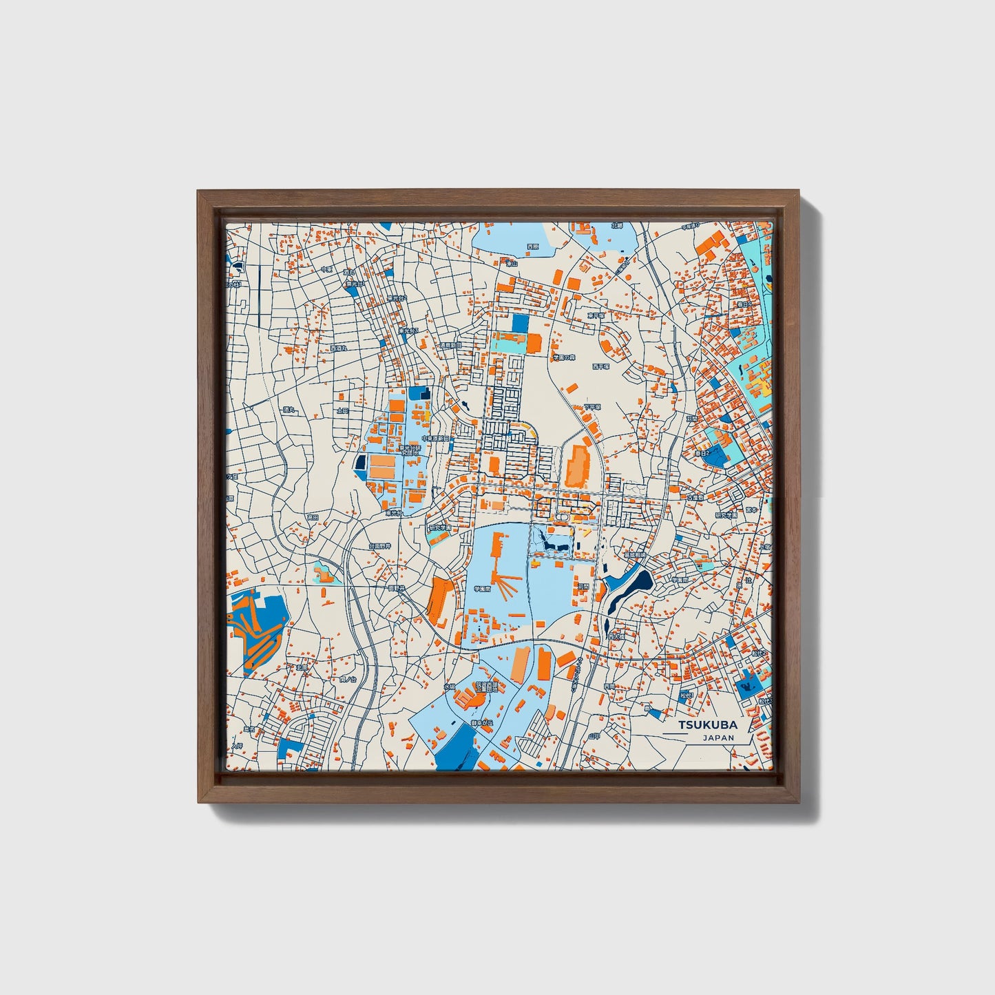 Tsukuba Japan Colorful City Map Canvas Print • Dark Wooden Framed
