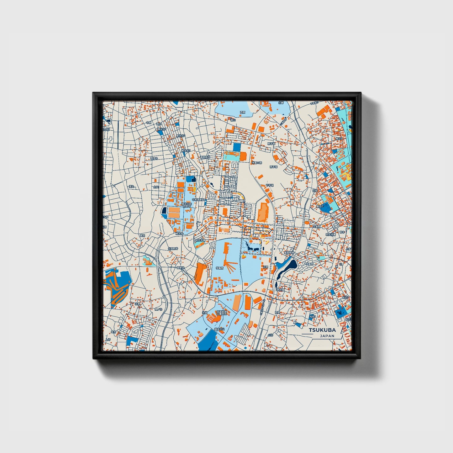 Tsukuba Japan Colorful City Map Canvas Print • Black Framed