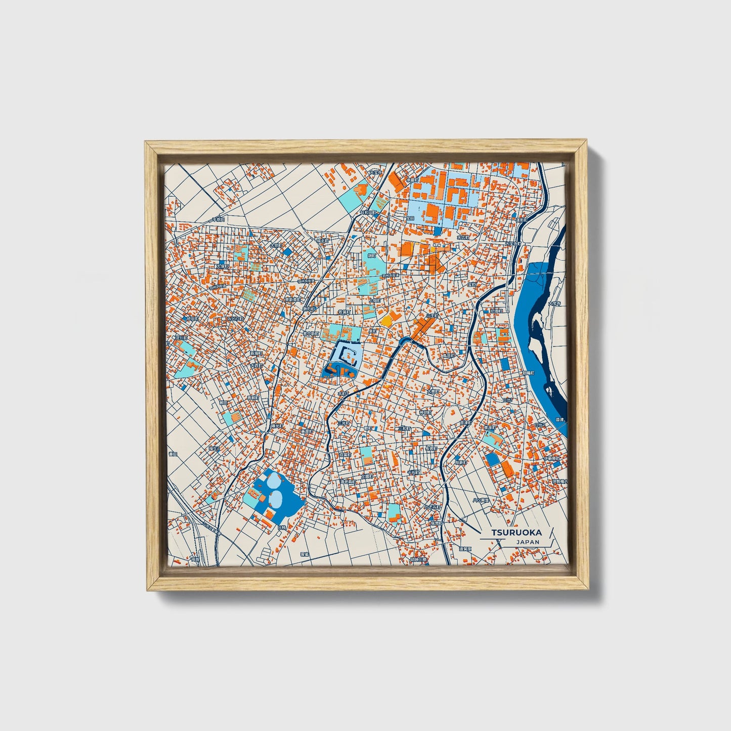 Tsuruoka Japan Colorful City Map Canvas Print • Natural Wooden Framed