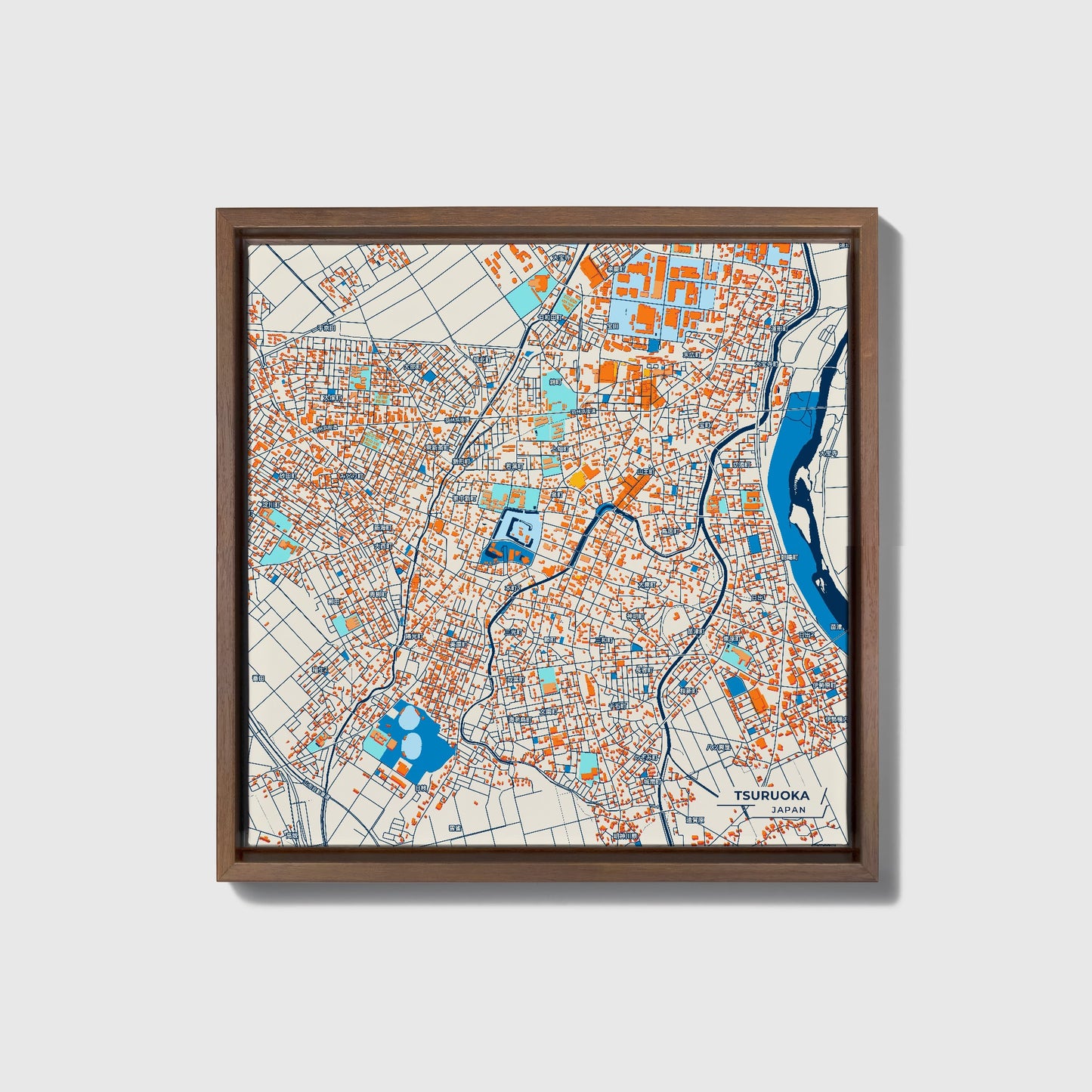 Tsuruoka Japan Colorful City Map Canvas Print • Dark Wooden Framed