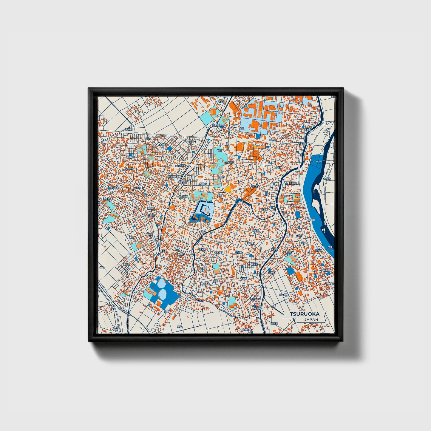Tsuruoka Japan Colorful City Map Canvas Print • Black Framed