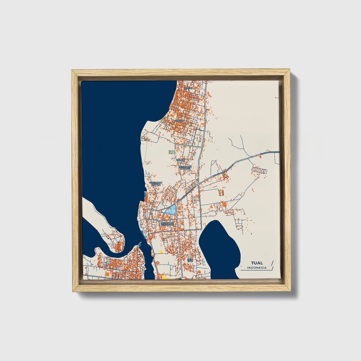 Tual Indonesia Colorful City Map Canvas Print • Natural Wooden Framed