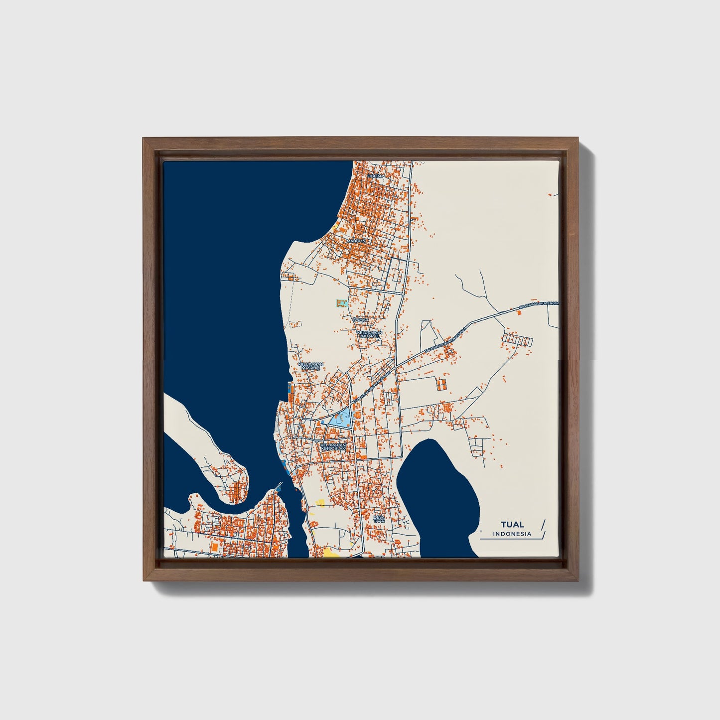 Tual Indonesia Colorful City Map Canvas Print • Dark Wooden Framed