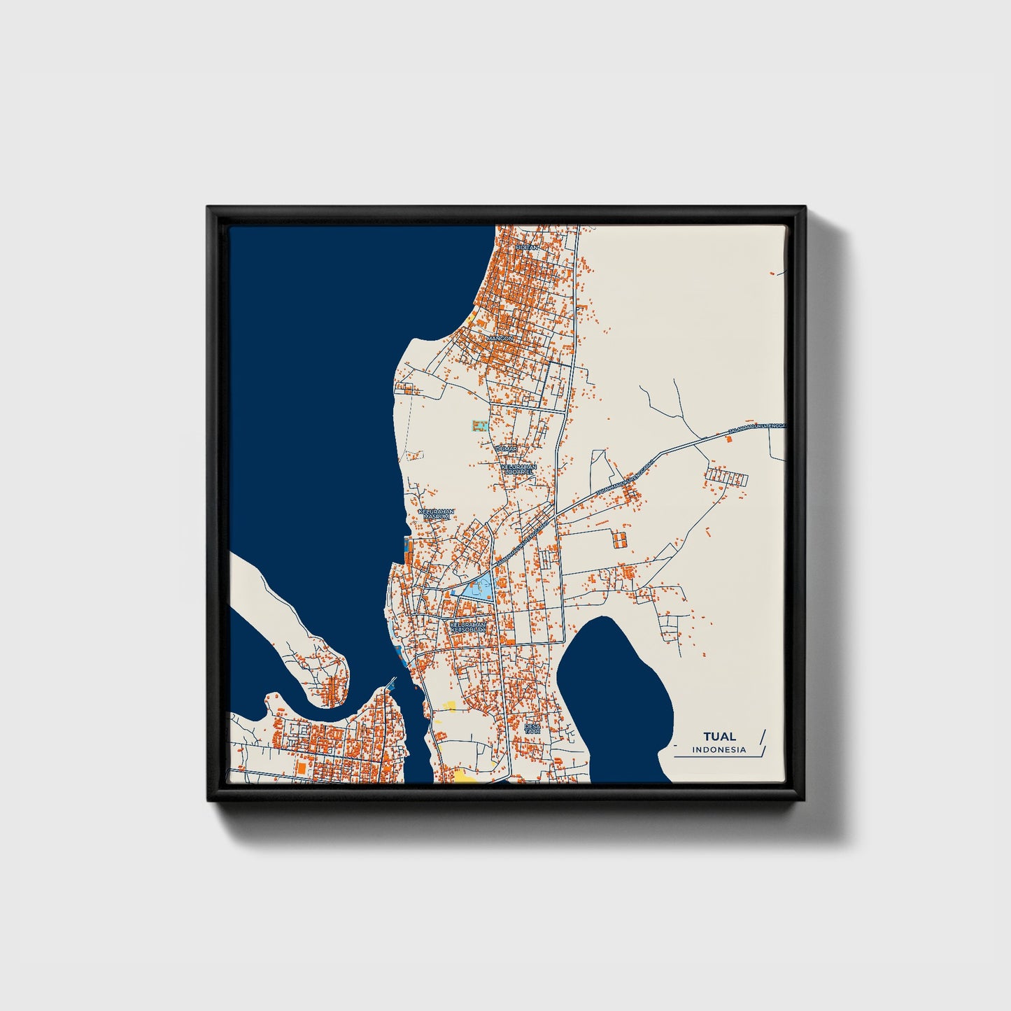 Tual Indonesia Colorful City Map Canvas Print • Black Framed