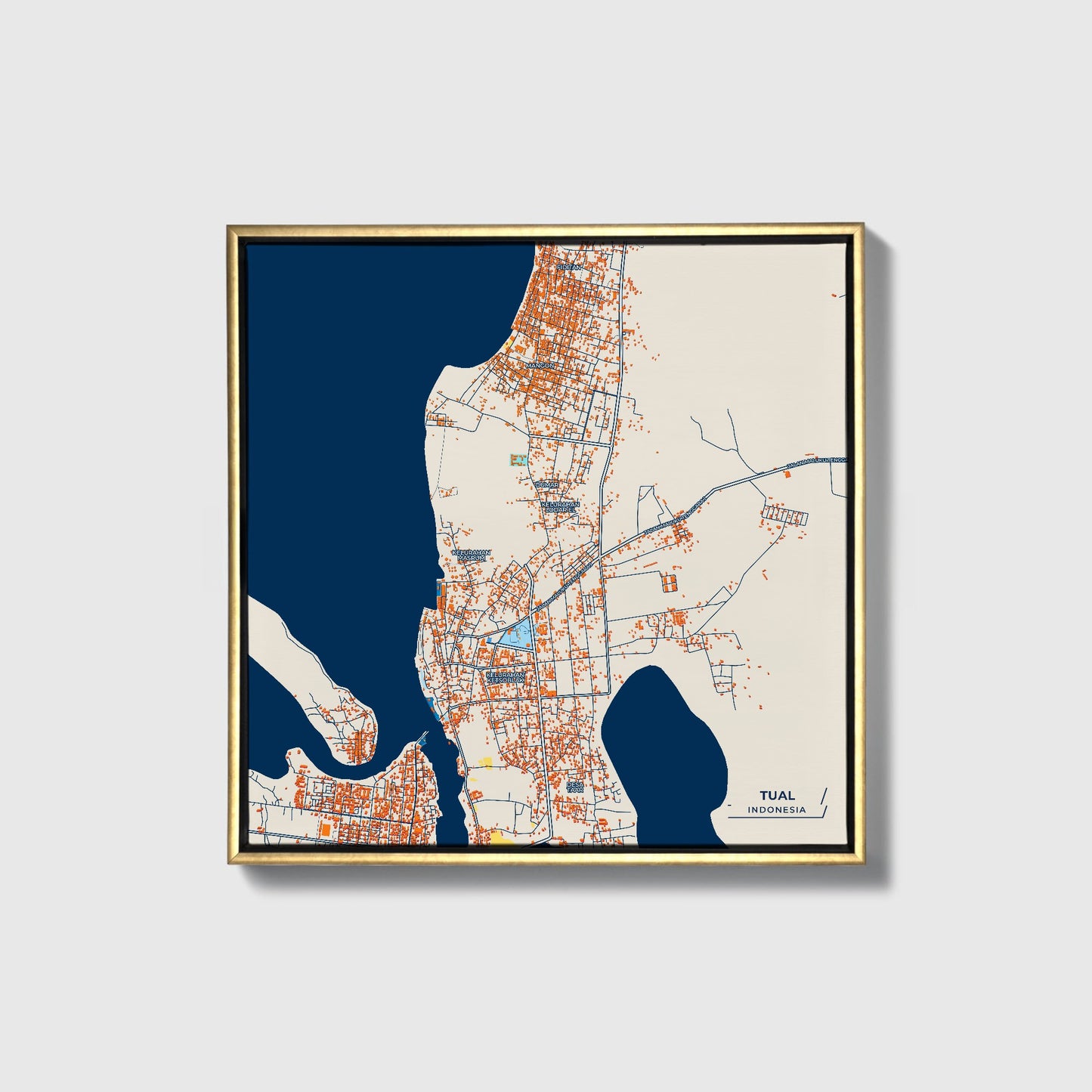 Tual Indonesia Colorful City Map Canvas Print • Gold Framed