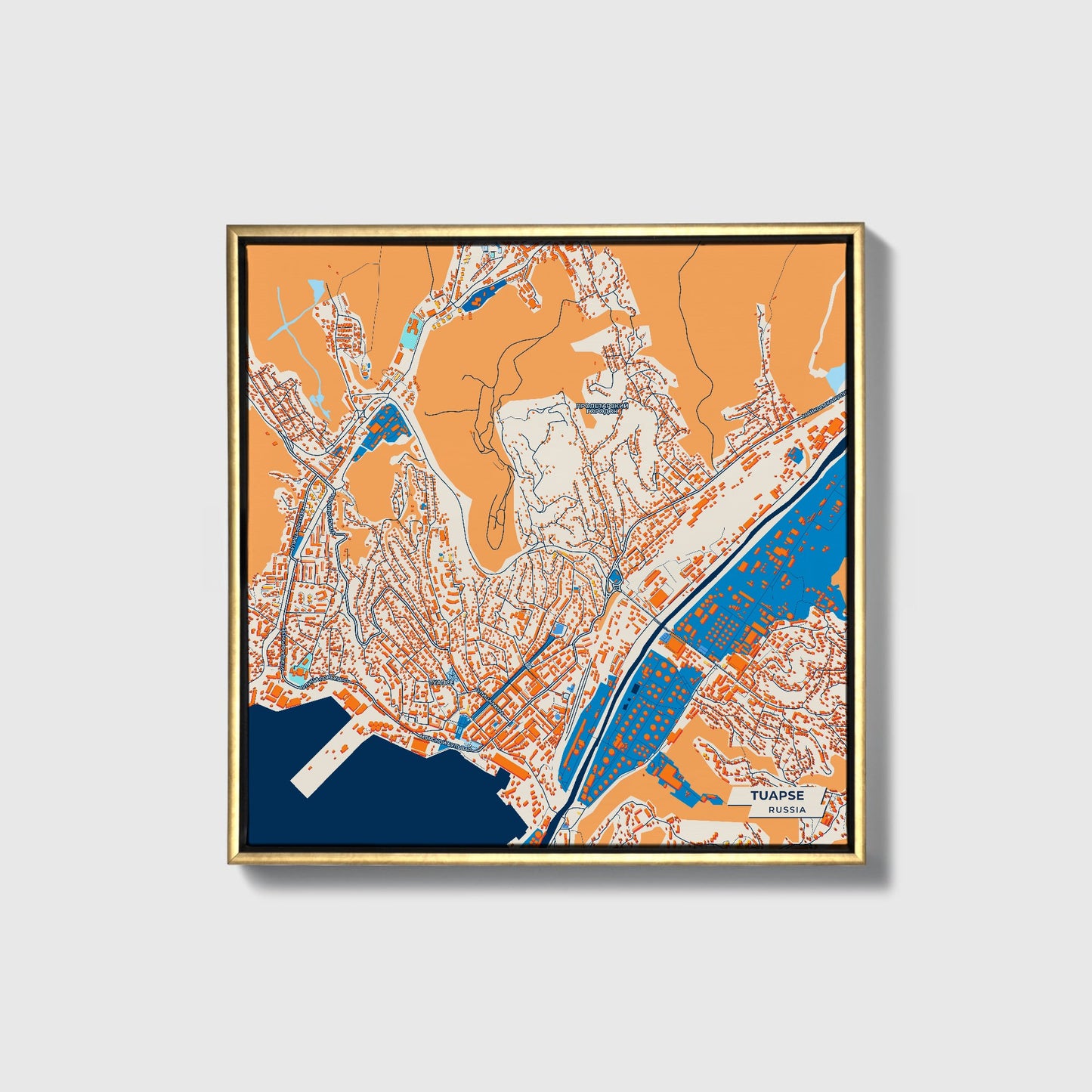 Tuapse Russia Colorful City Map Canvas Print • Gold Framed