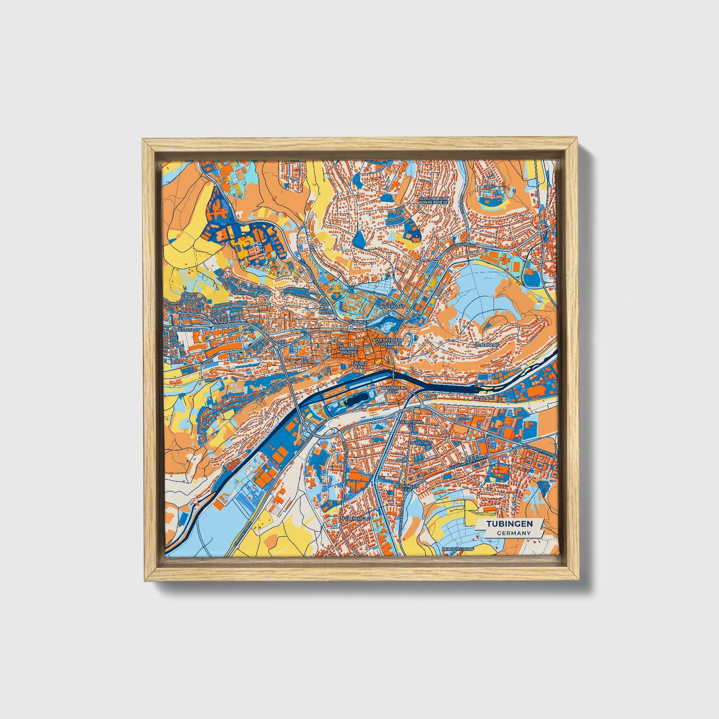 Tübingen Germany Colorful City Map Canvas Print • Natural Wooden Framed