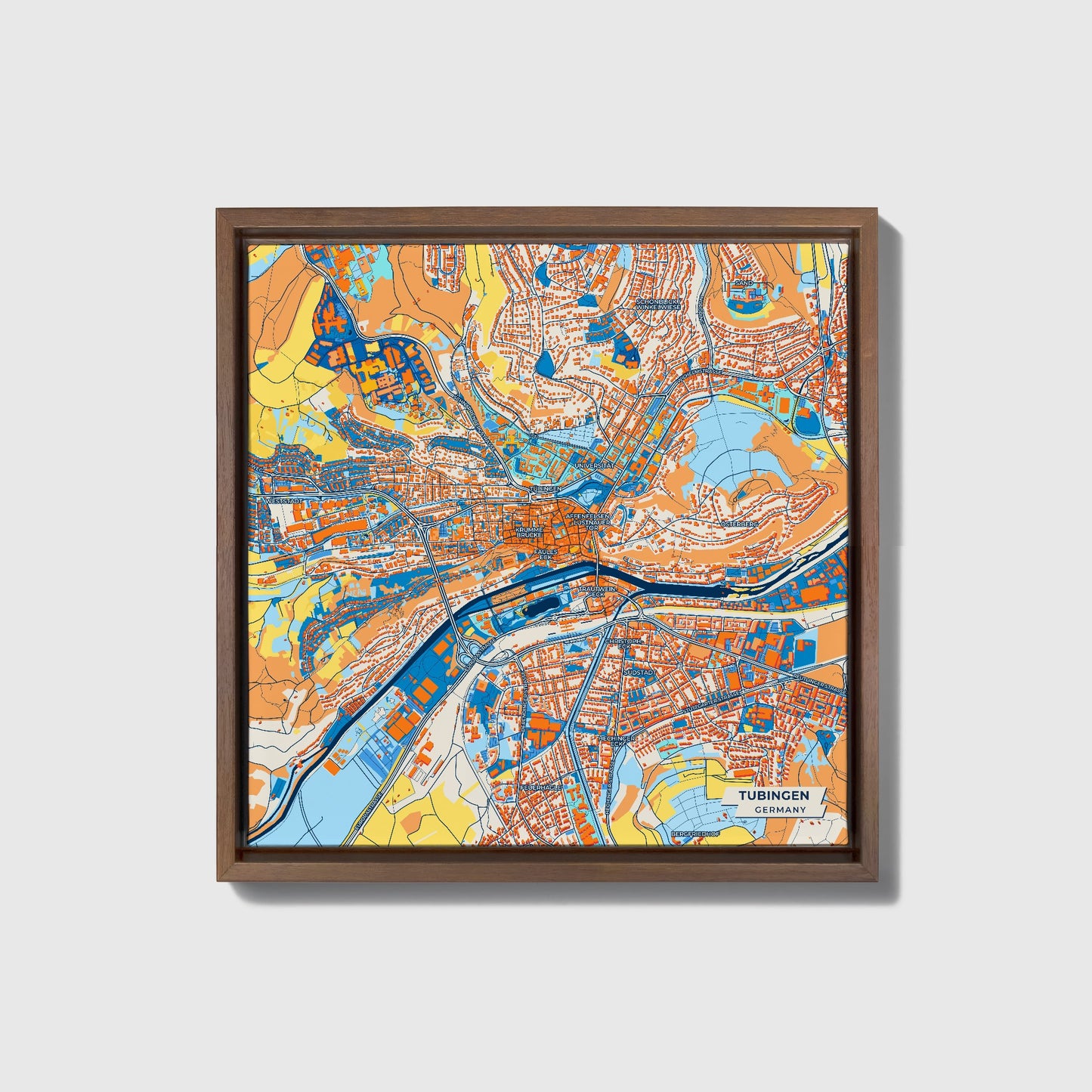 Tübingen Germany Colorful City Map Canvas Print • Dark Wooden Framed