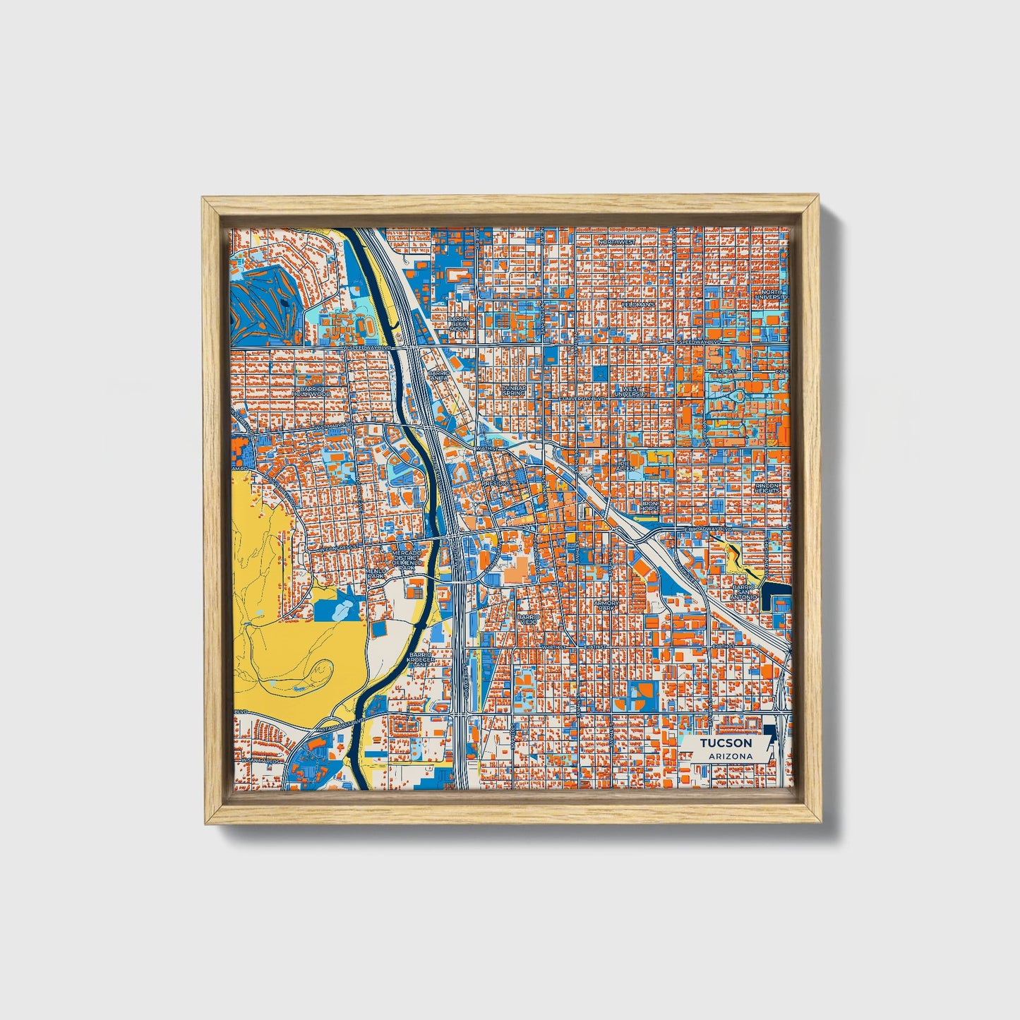 Tucson Arizona Colorful City Map Canvas Print • Natural Wooden Framed
