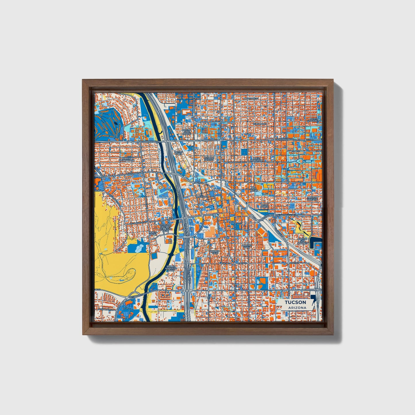 Tucson Arizona Colorful City Map Canvas Print • Dark Wooden Framed