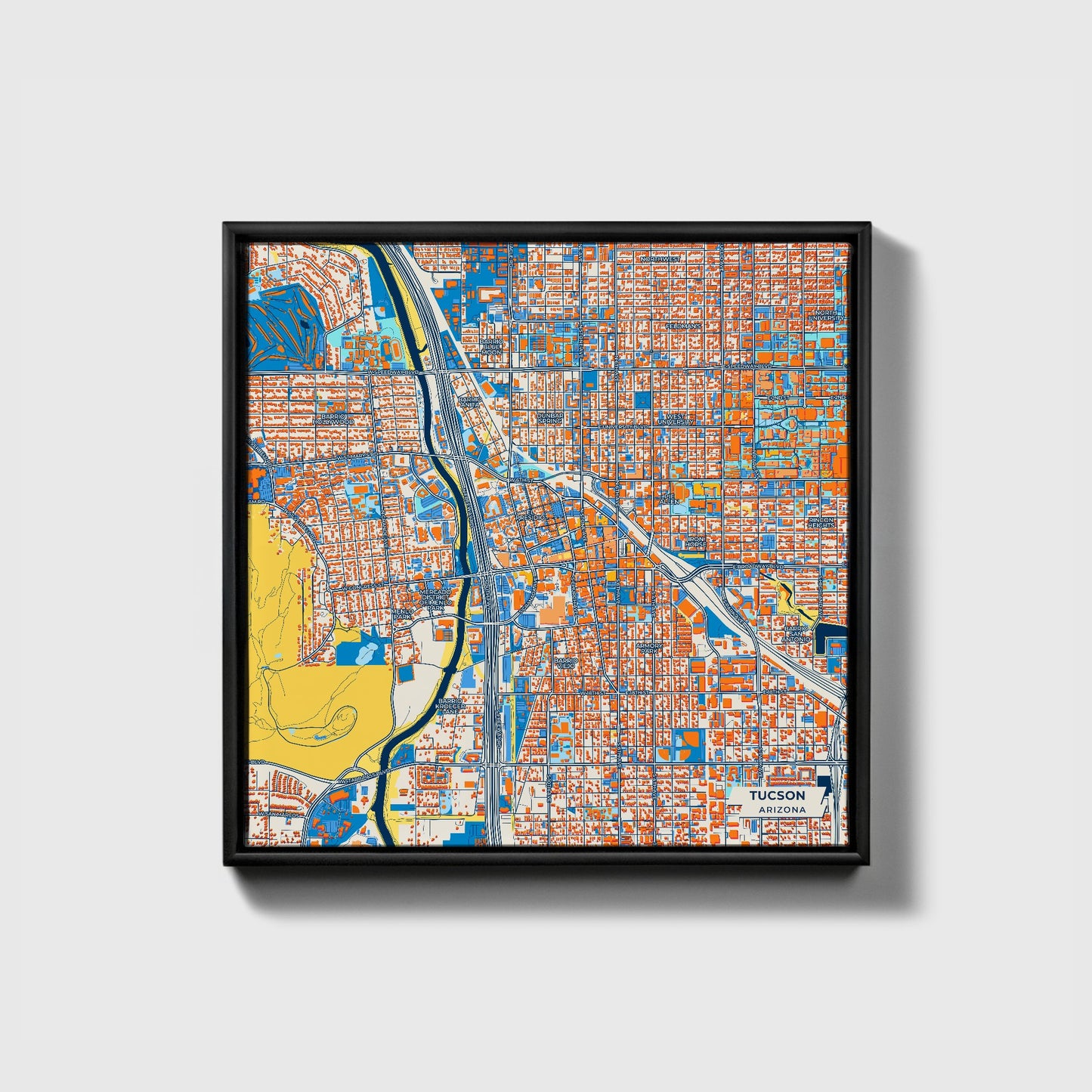 Tucson Arizona Colorful City Map Canvas Print • Black Framed