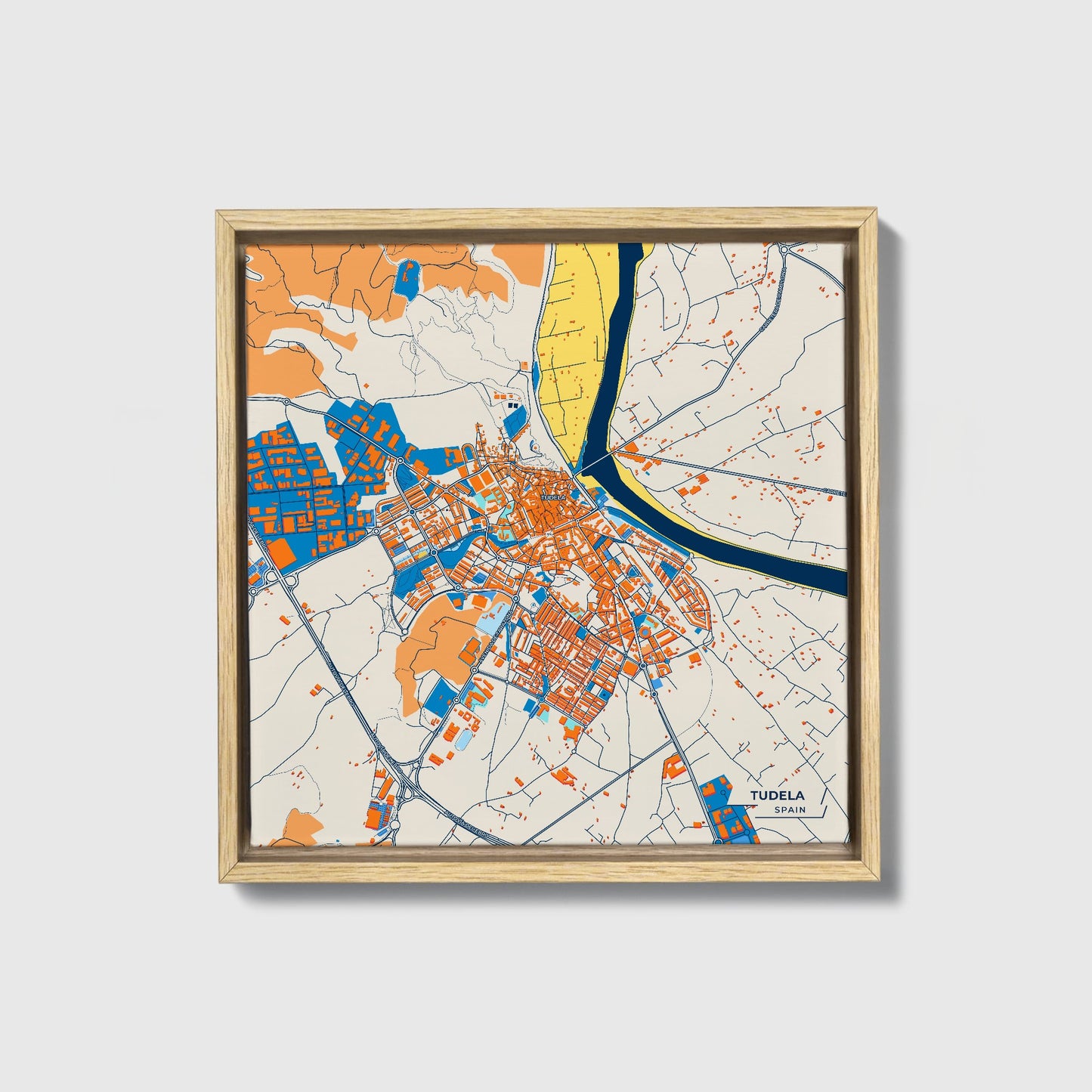 Tudela Spain Colorful City Map Canvas Print • Natural Wooden Framed
