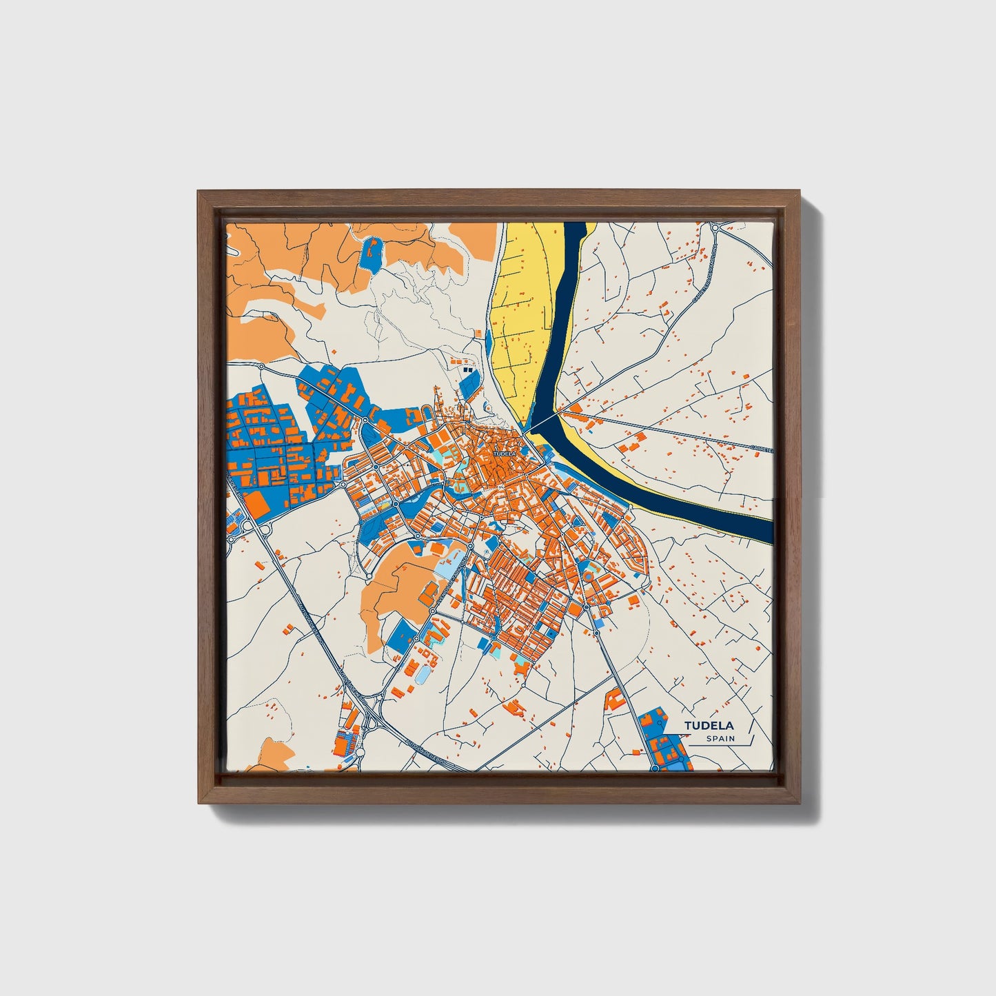Tudela Spain Colorful City Map Canvas Print • Dark Wooden Framed