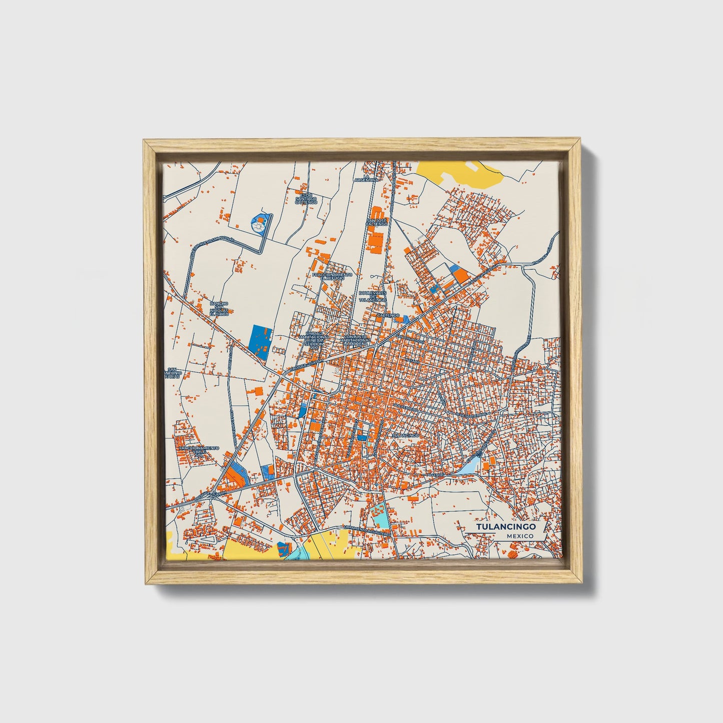 Tulancingo Mexico Colorful City Map Canvas Print • Natural Wooden Framed