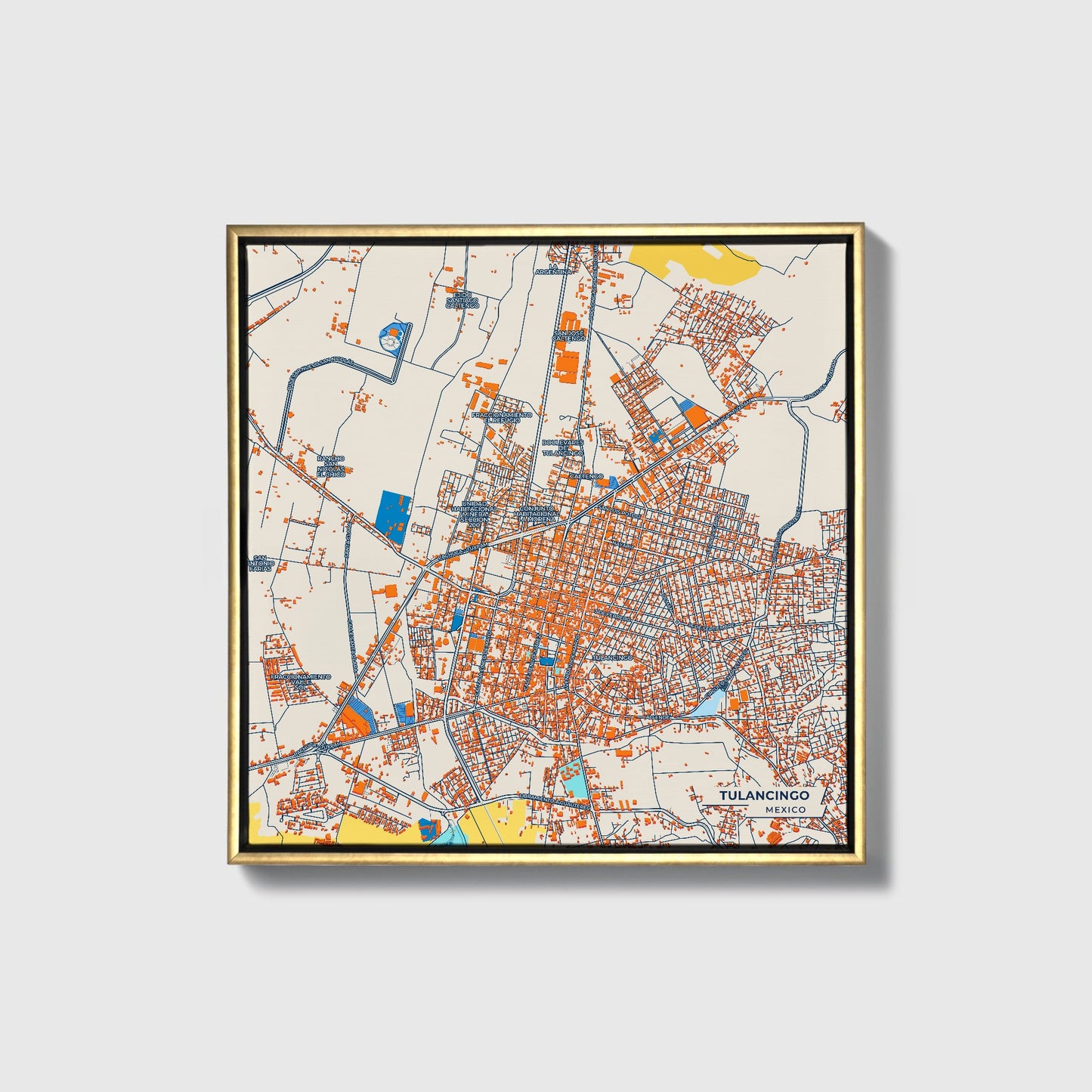 Tulancingo Mexico Colorful City Map Canvas Print • Gold Framed