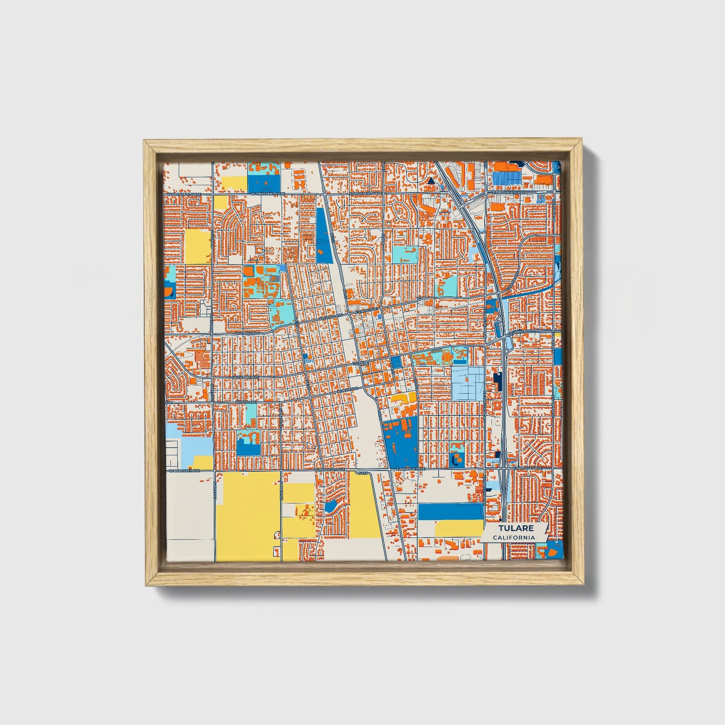 Tulare California Colorful City Map Canvas Print • Natural Wooden Framed