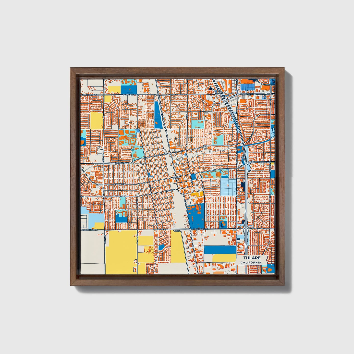 Tulare California Colorful City Map Canvas Print • Dark Wooden Framed