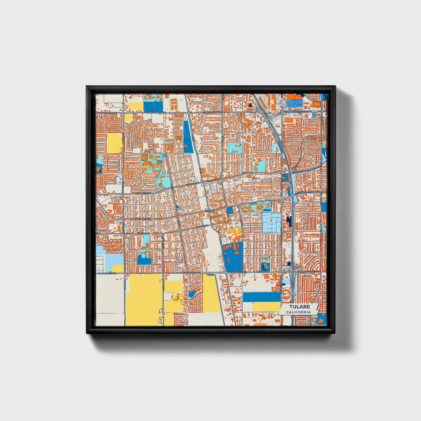 Tulare California Colorful City Map Canvas Print • Black Framed