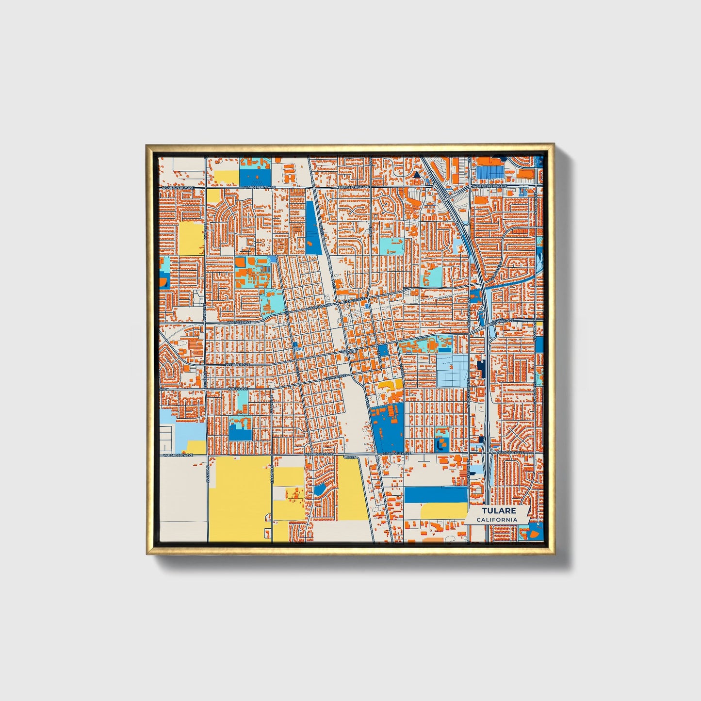 Tulare California Colorful City Map Canvas Print • Gold Framed