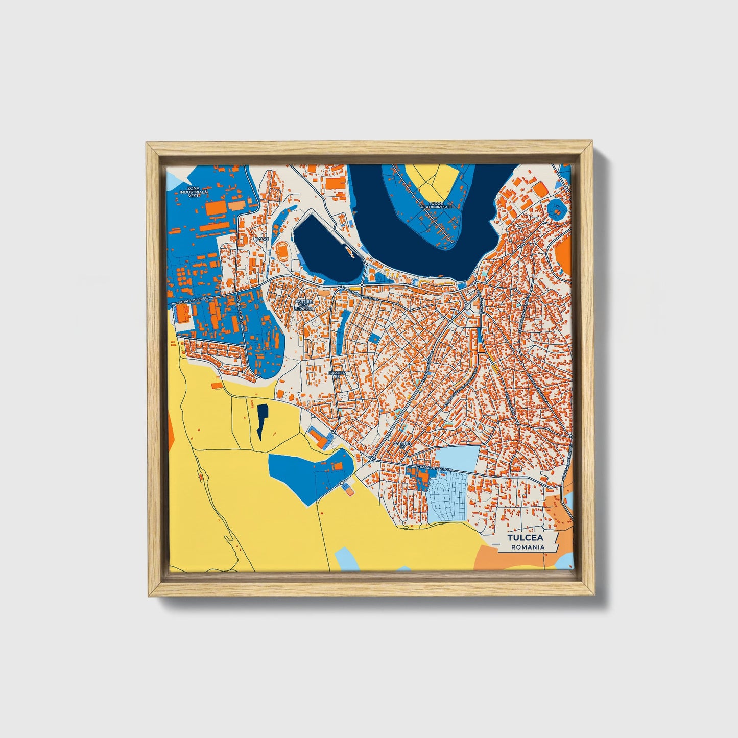 Tulcea Romania Colorful City Map Canvas Print • Natural Wooden Framed