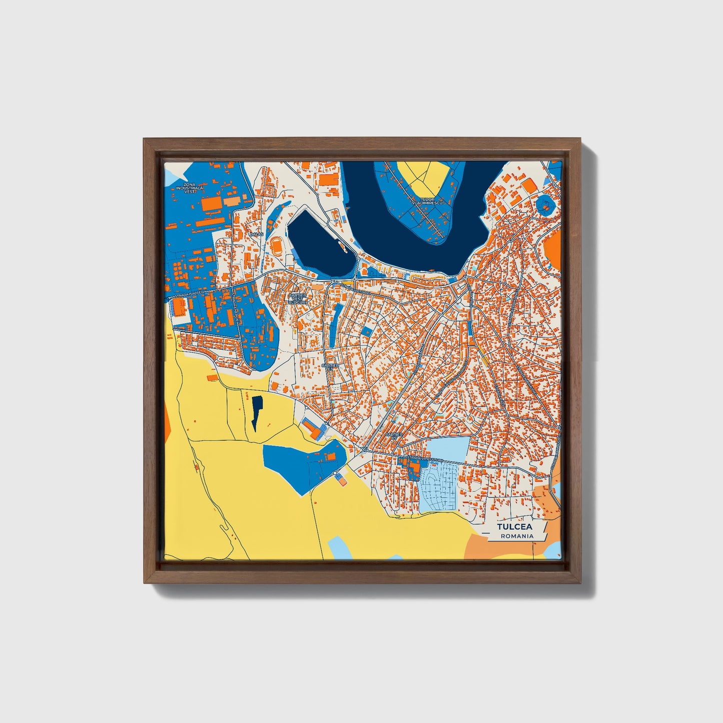 Tulcea Romania Colorful City Map Canvas Print • Dark Wooden Framed
