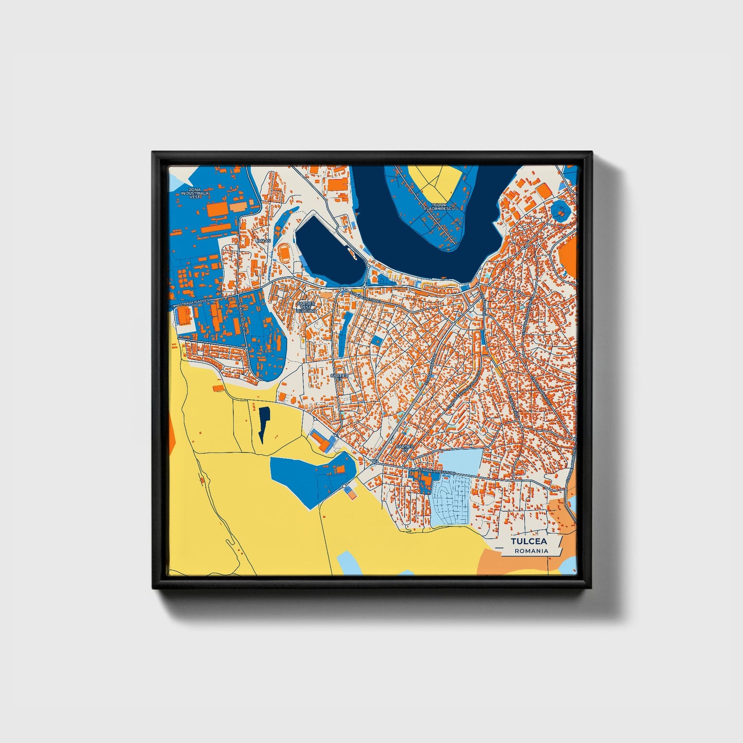 Tulcea Romania Colorful City Map Canvas Print • Black Framed