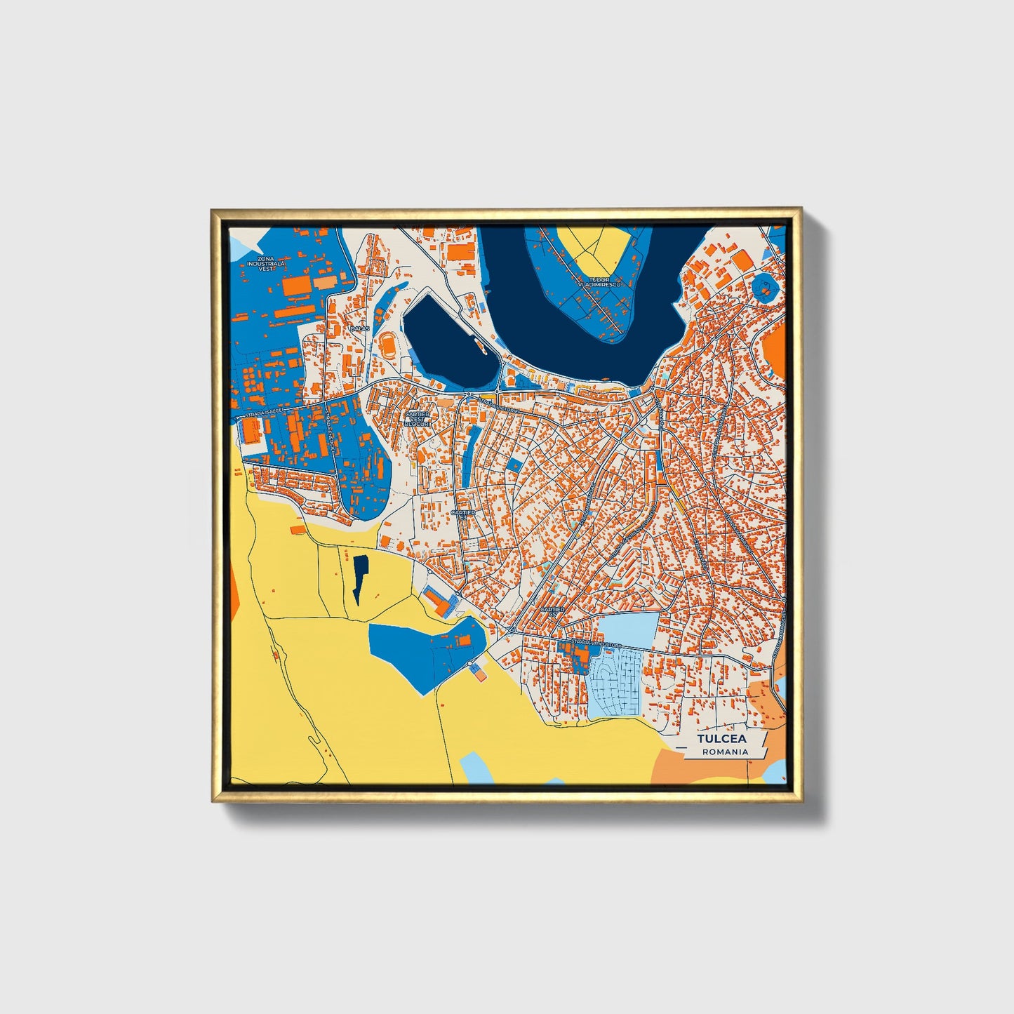 Tulcea Romania Colorful City Map Canvas Print • Gold Framed