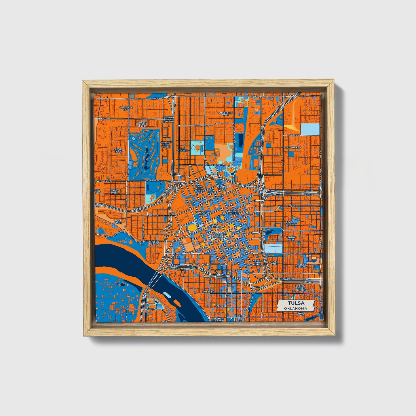 Tulsa Oklahoma Colorful City Map Canvas Print • Natural Wooden Framed