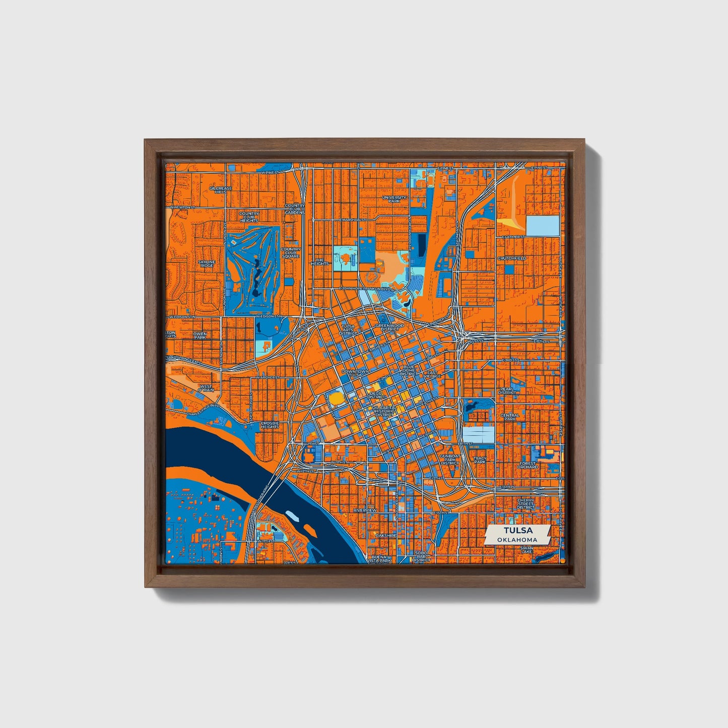 Tulsa Oklahoma Colorful City Map Canvas Print • Dark Wooden Framed