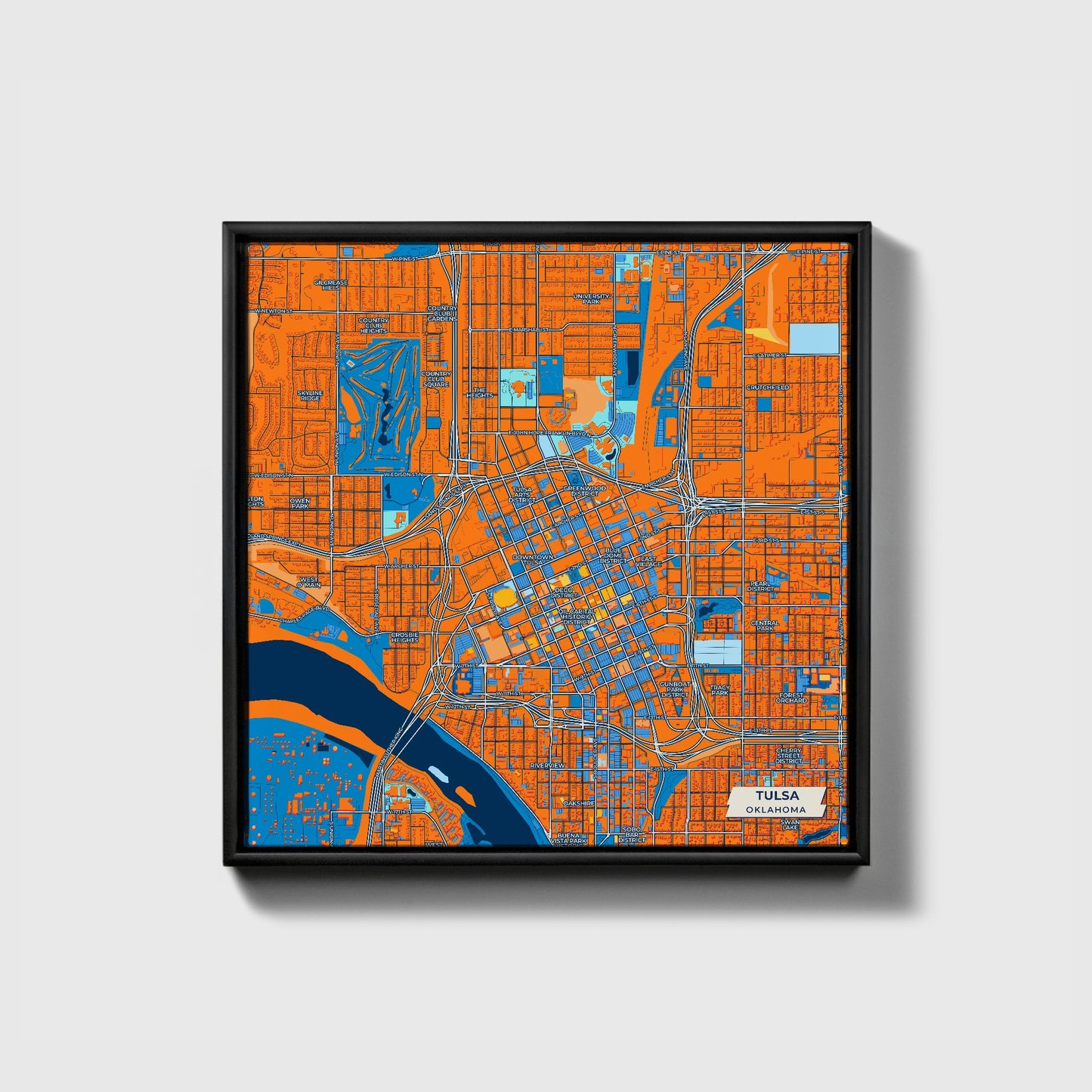 Tulsa Oklahoma Colorful City Map Canvas Print • Black Framed
