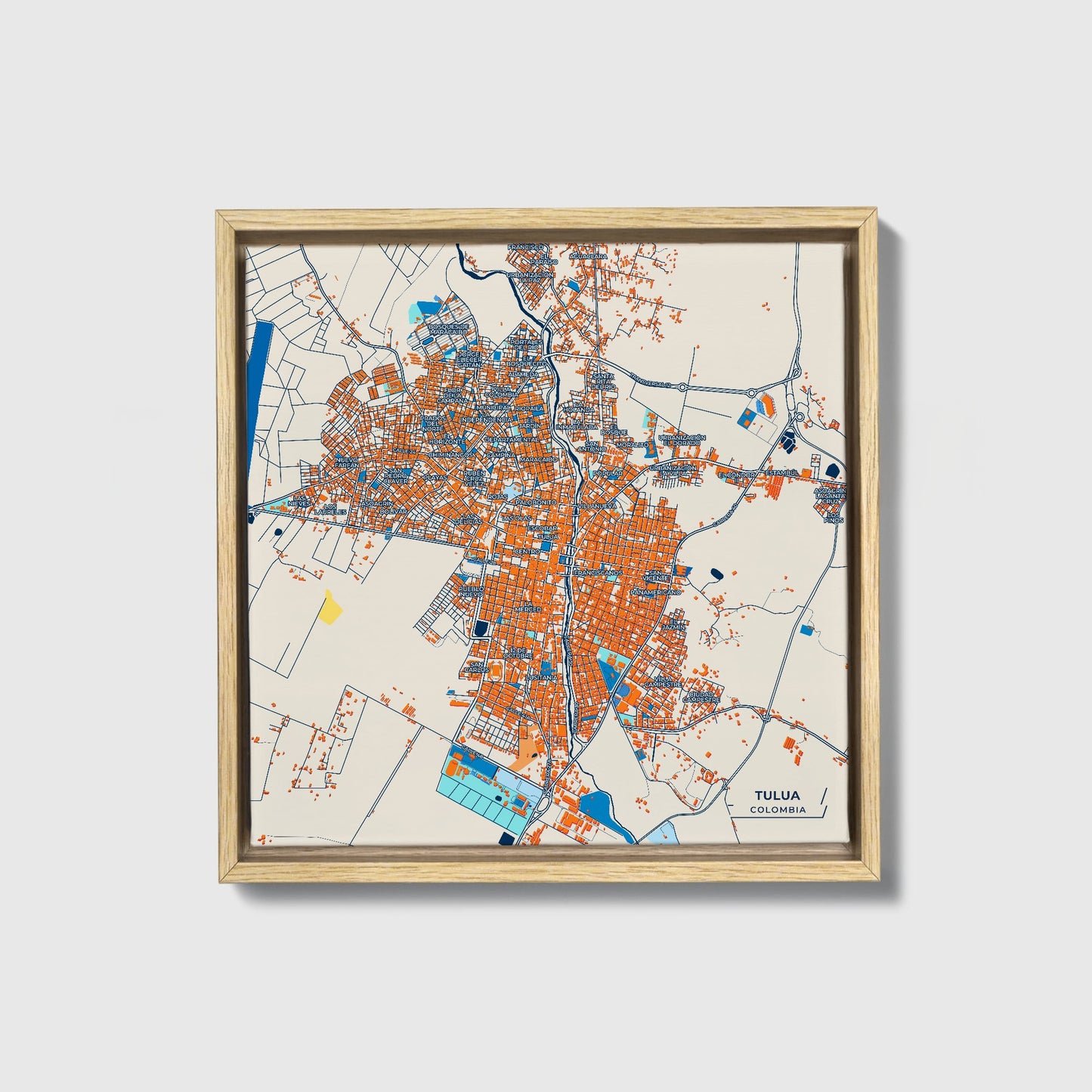 Tulua Colombia Colorful City Map Canvas Print • Natural Wooden Framed