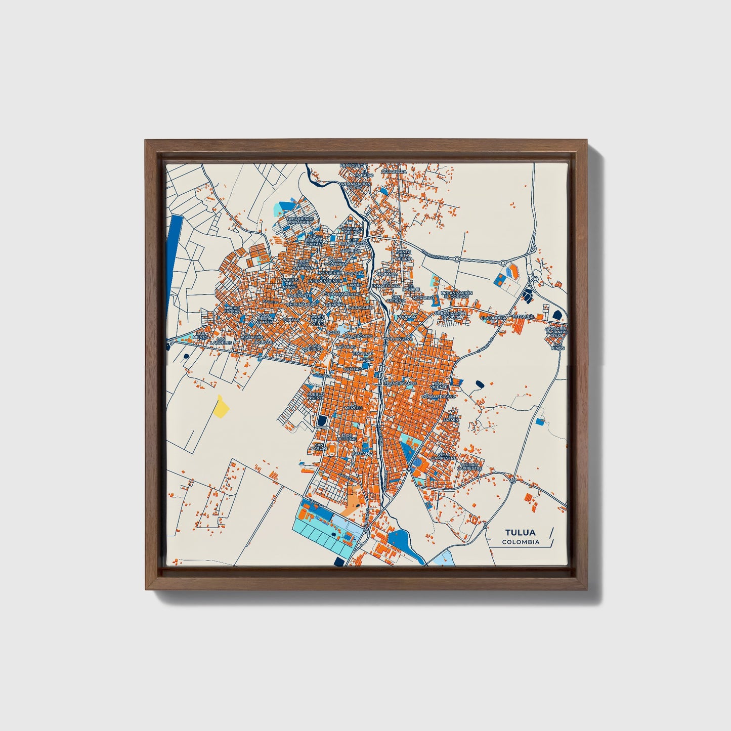 Tulua Colombia Colorful City Map Canvas Print • Dark Wooden Framed