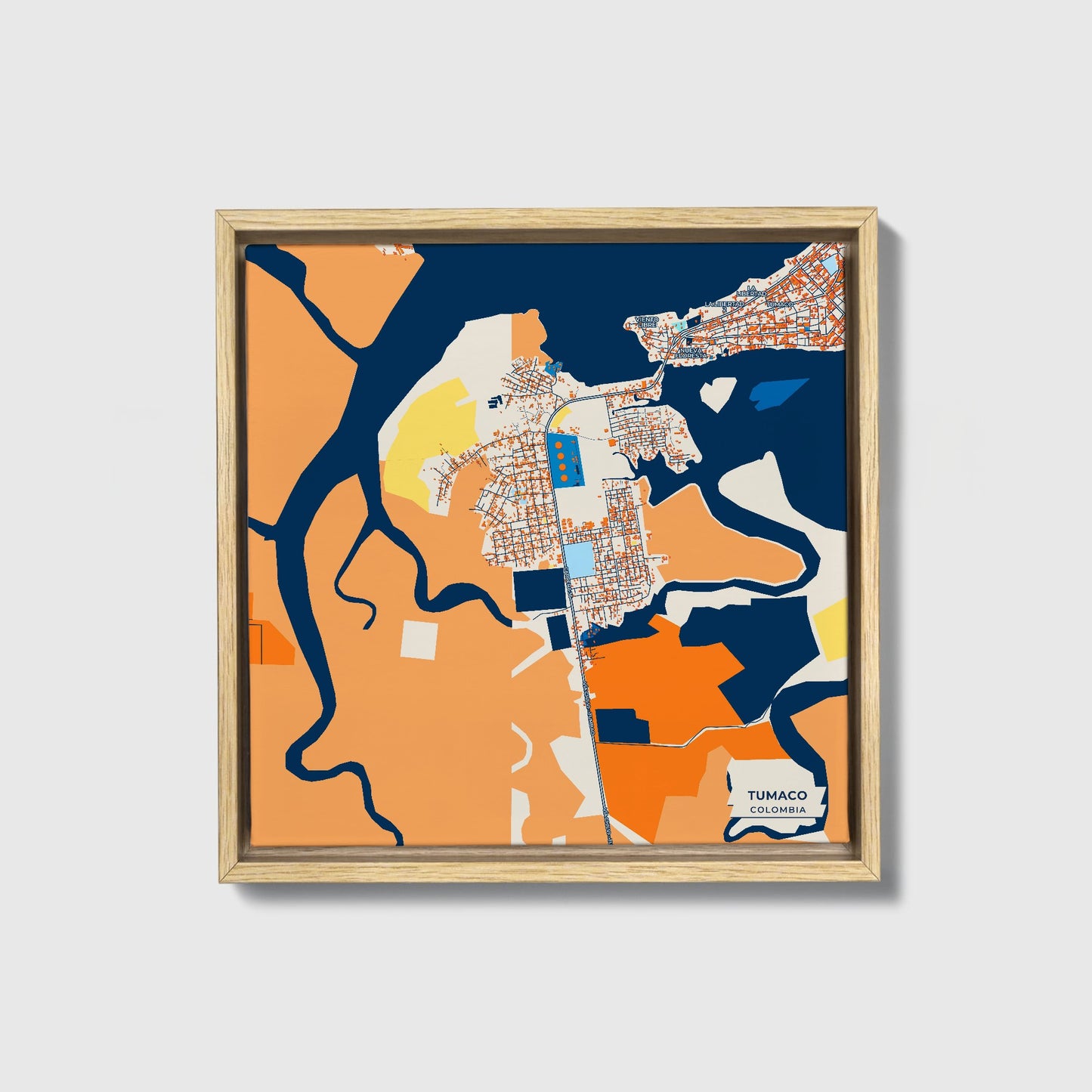 Tumaco Colombia Colorful City Map Canvas Print • Natural Wooden Framed