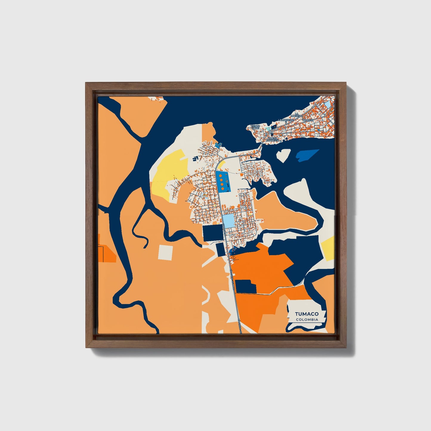 Tumaco Colombia Colorful City Map Canvas Print • Dark Wooden Framed