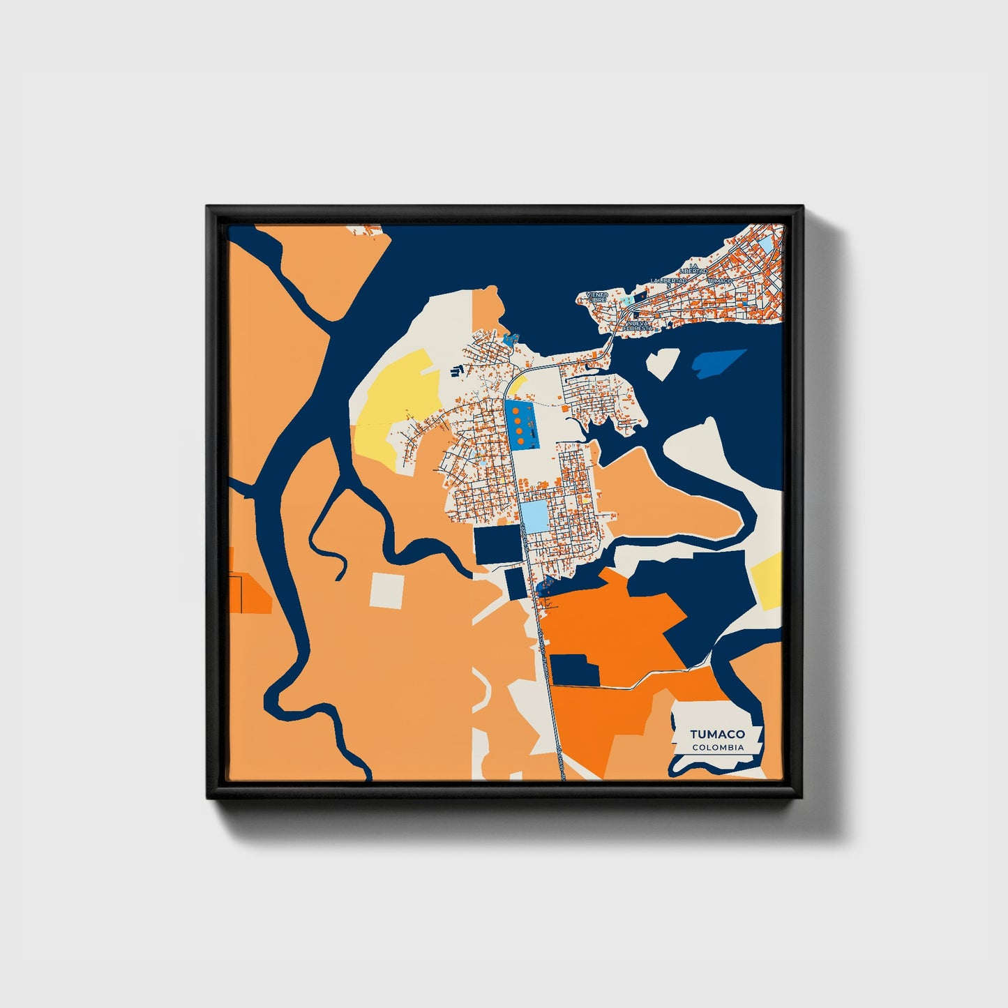 Tumaco Colombia Colorful City Map Canvas Print • Black Framed
