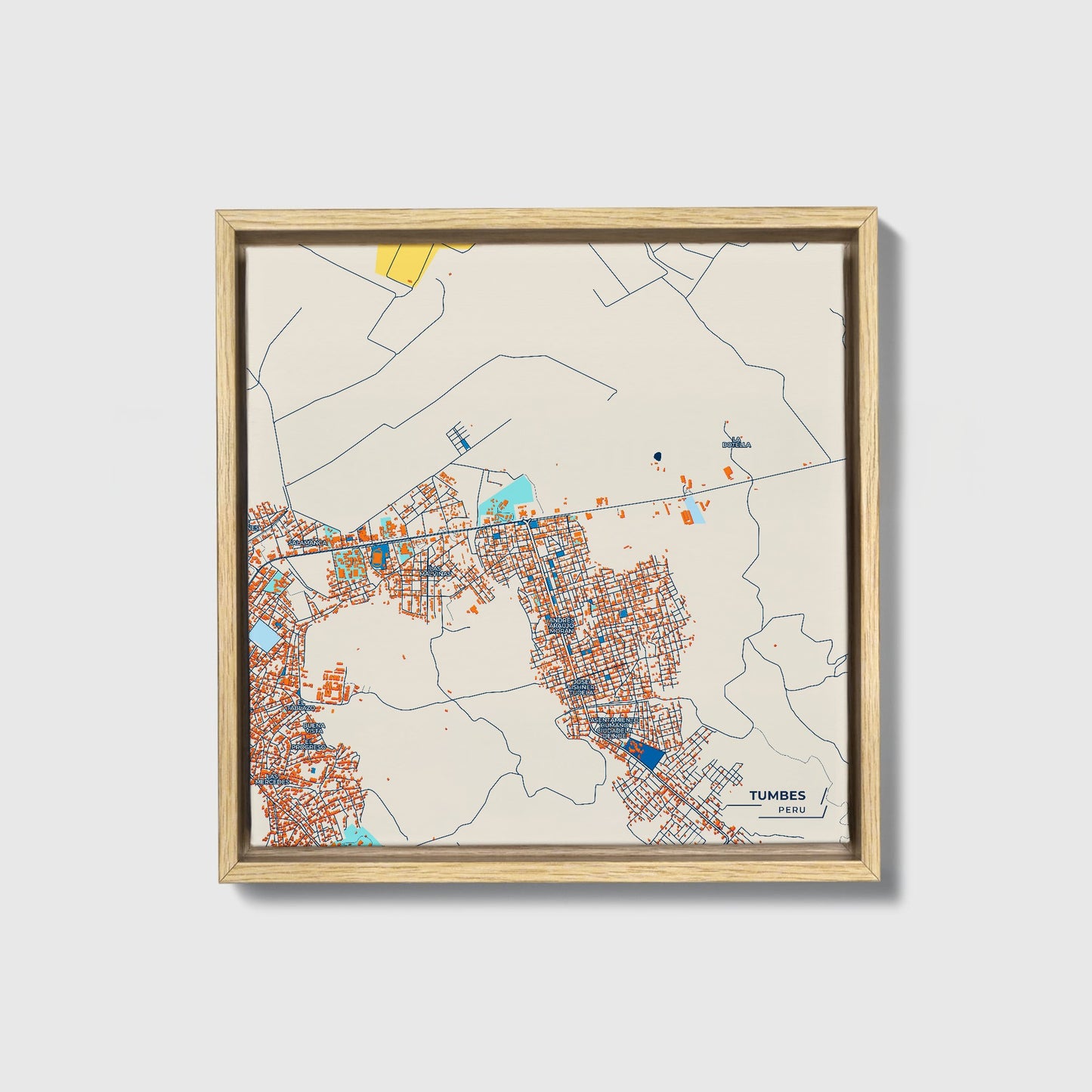 Tumbes Peru Colorful City Map Canvas Print • Natural Wooden Framed
