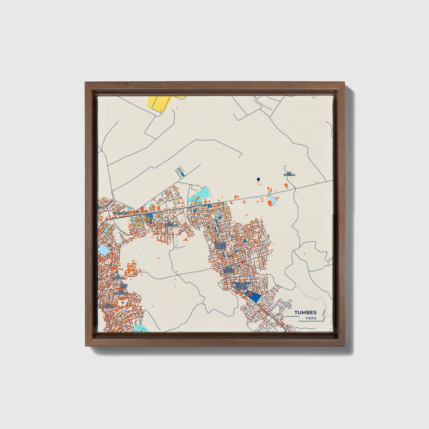 Tumbes Peru Colorful City Map Canvas Print • Dark Wooden Framed