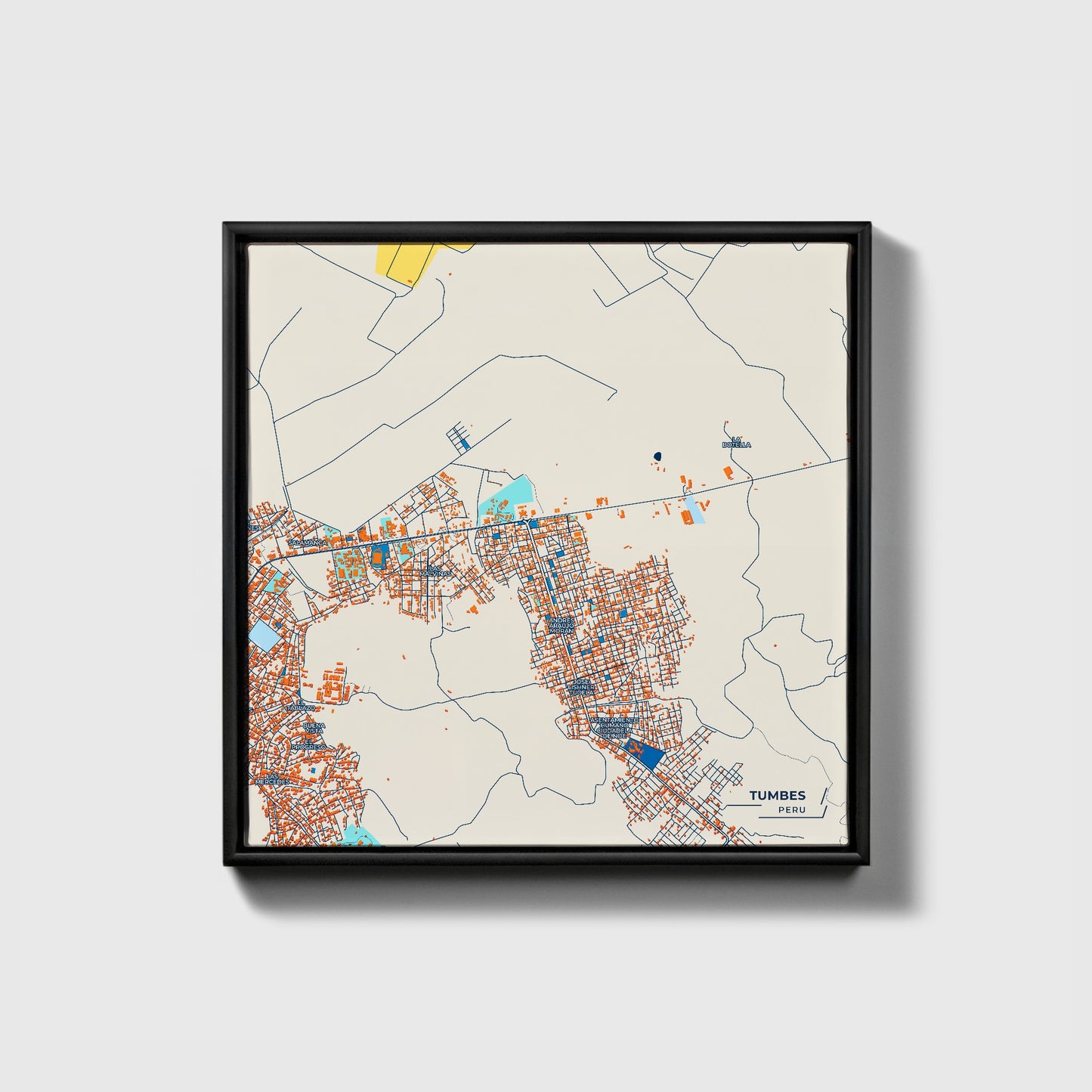 Tumbes Peru Colorful City Map Canvas Print • Black Framed