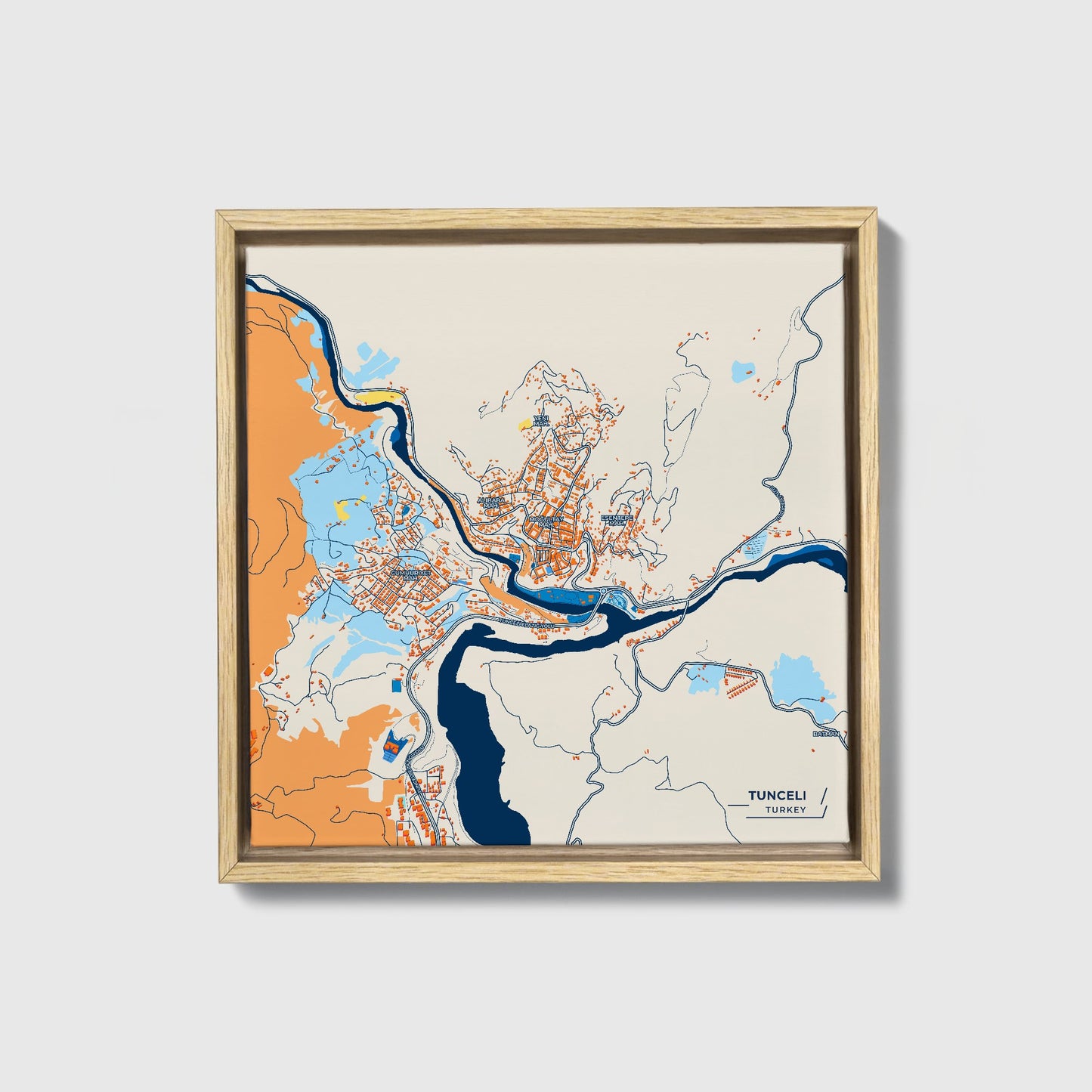 Tunceli̇ Turkey Colorful City Map Canvas Print • Natural Wooden Framed
