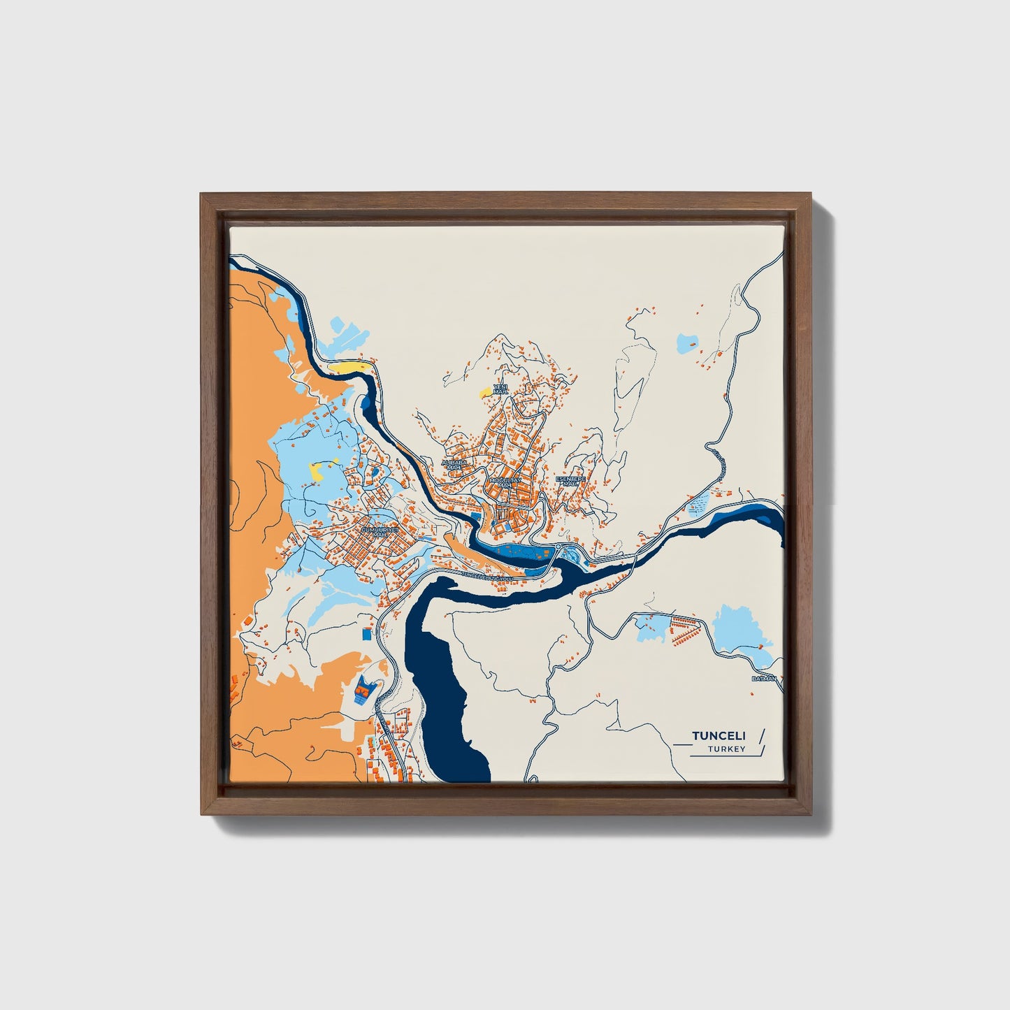 Tunceli̇ Turkey Colorful City Map Canvas Print • Dark Wooden Framed
