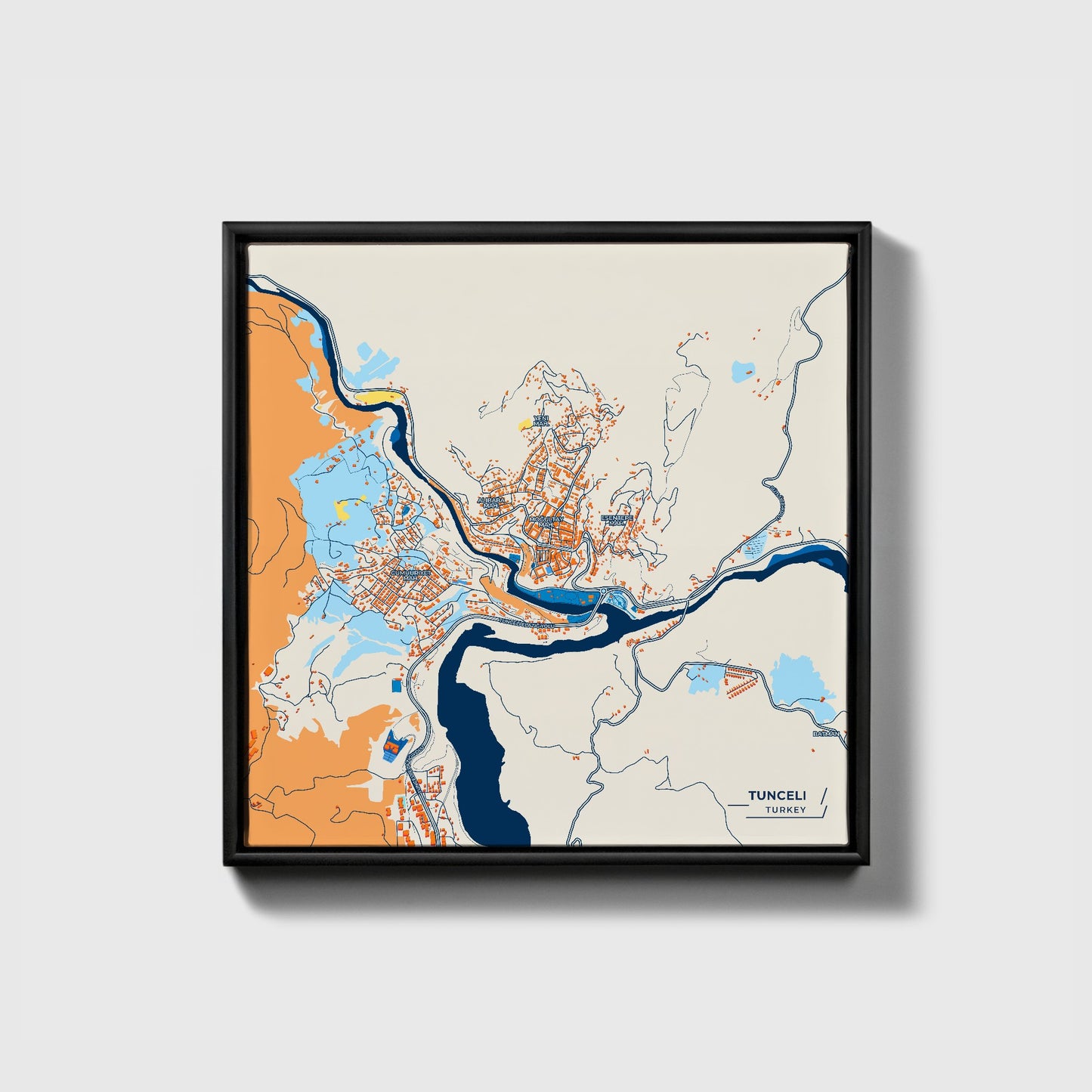 Tunceli̇ Turkey Colorful City Map Canvas Print • Black Framed