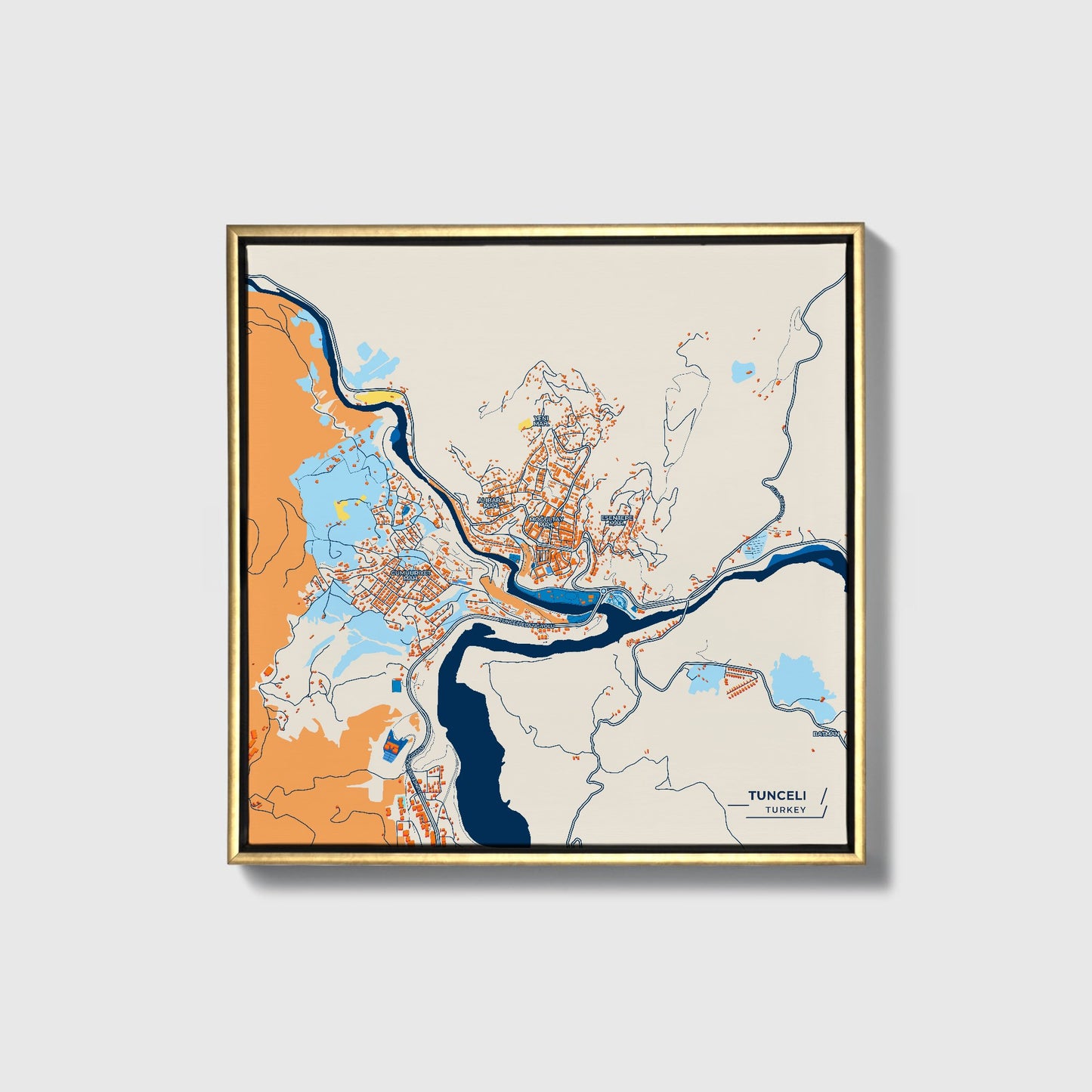Tunceli̇ Turkey Colorful City Map Canvas Print • Gold Framed