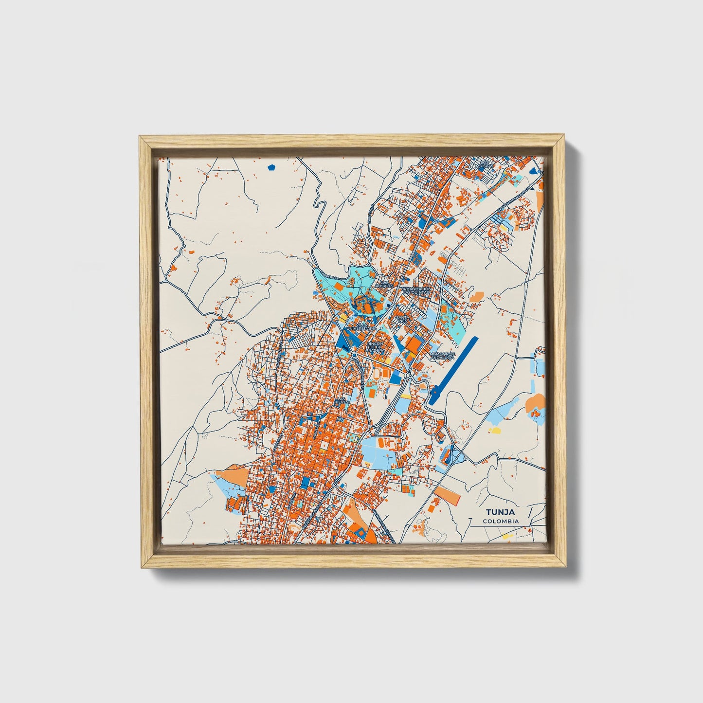 Tunja Colombia Colorful City Map Canvas Print • Natural Wooden Framed