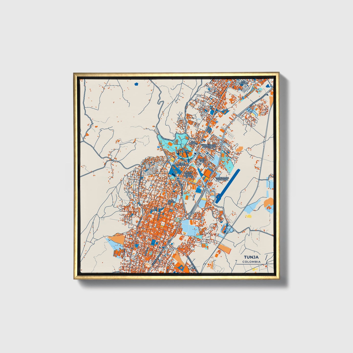 Tunja Colombia Colorful City Map Canvas Print • Gold Framed