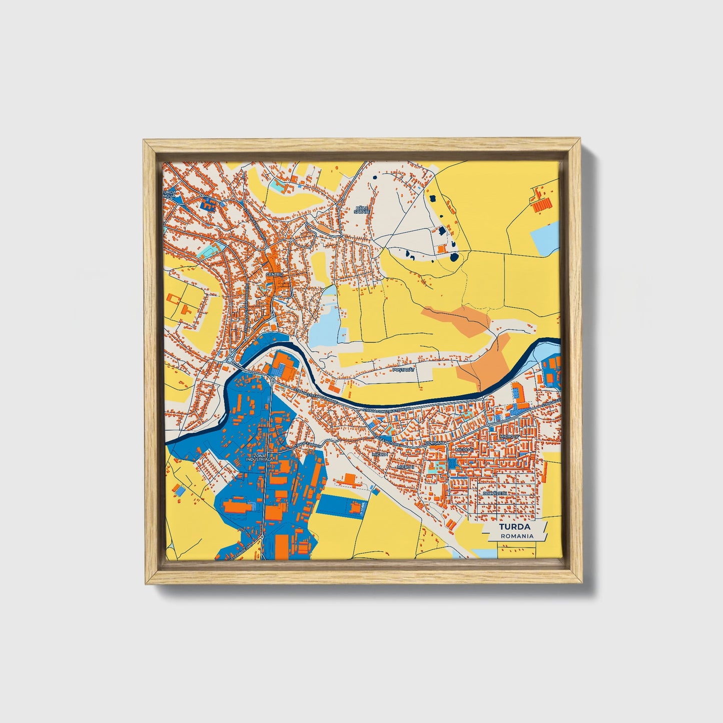 Turda Romania Colorful City Map Canvas Print • Natural Wooden Framed