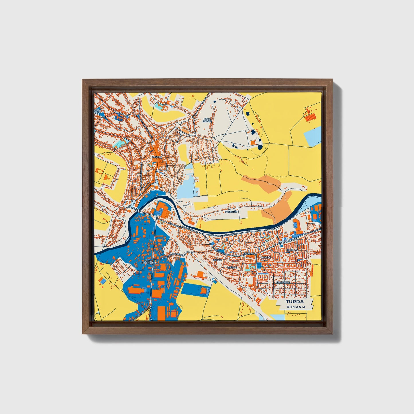 Turda Romania Colorful City Map Canvas Print • Dark Wooden Framed
