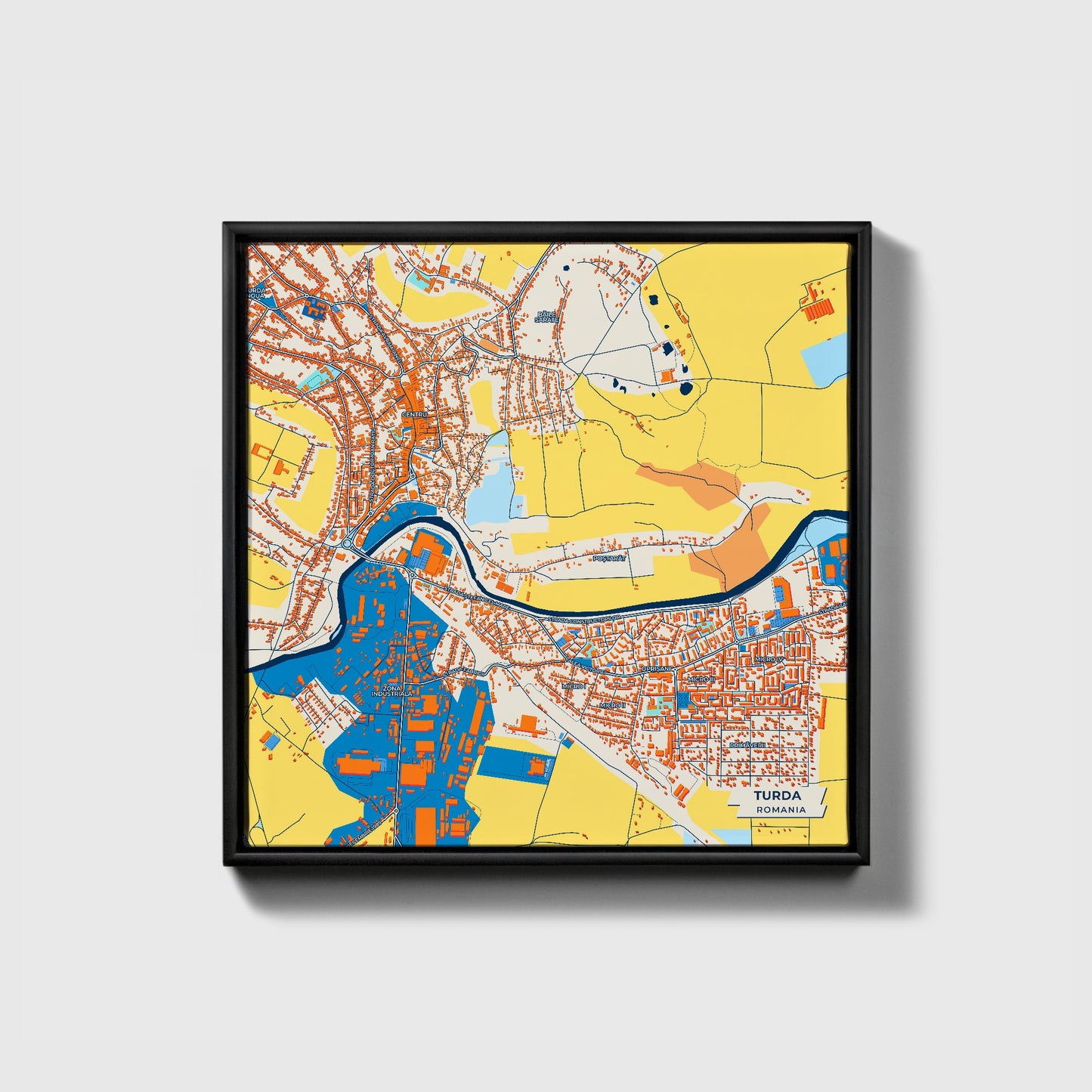 Turda Romania Colorful City Map Canvas Print • Black Framed